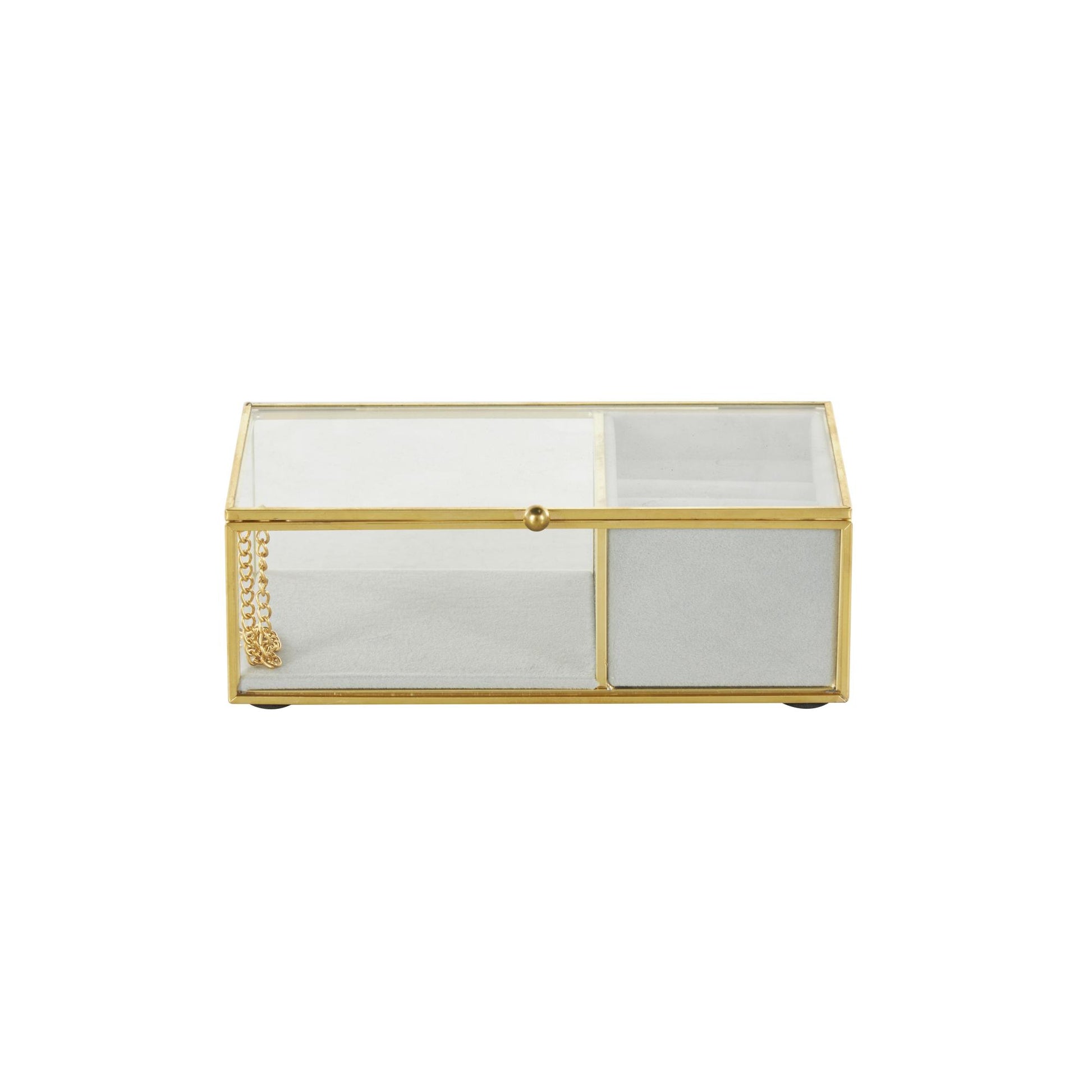 Clear Glass Decorative Jewelry Box with Gold Metal Frame and Gray Fabric Interior with Ring Slots