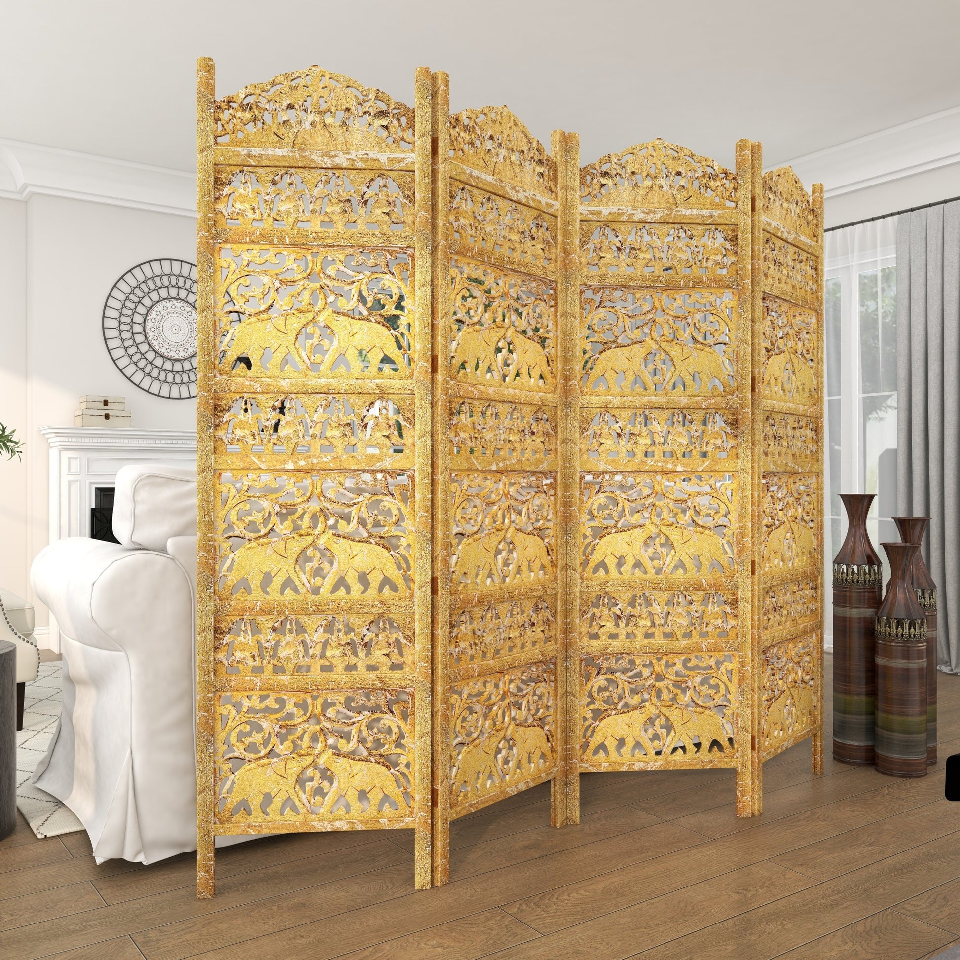 Scroll Gold Wooden Handmade Foldable Partition 4 Panel Partition Room Divider Screen with Carved Elephant Accents