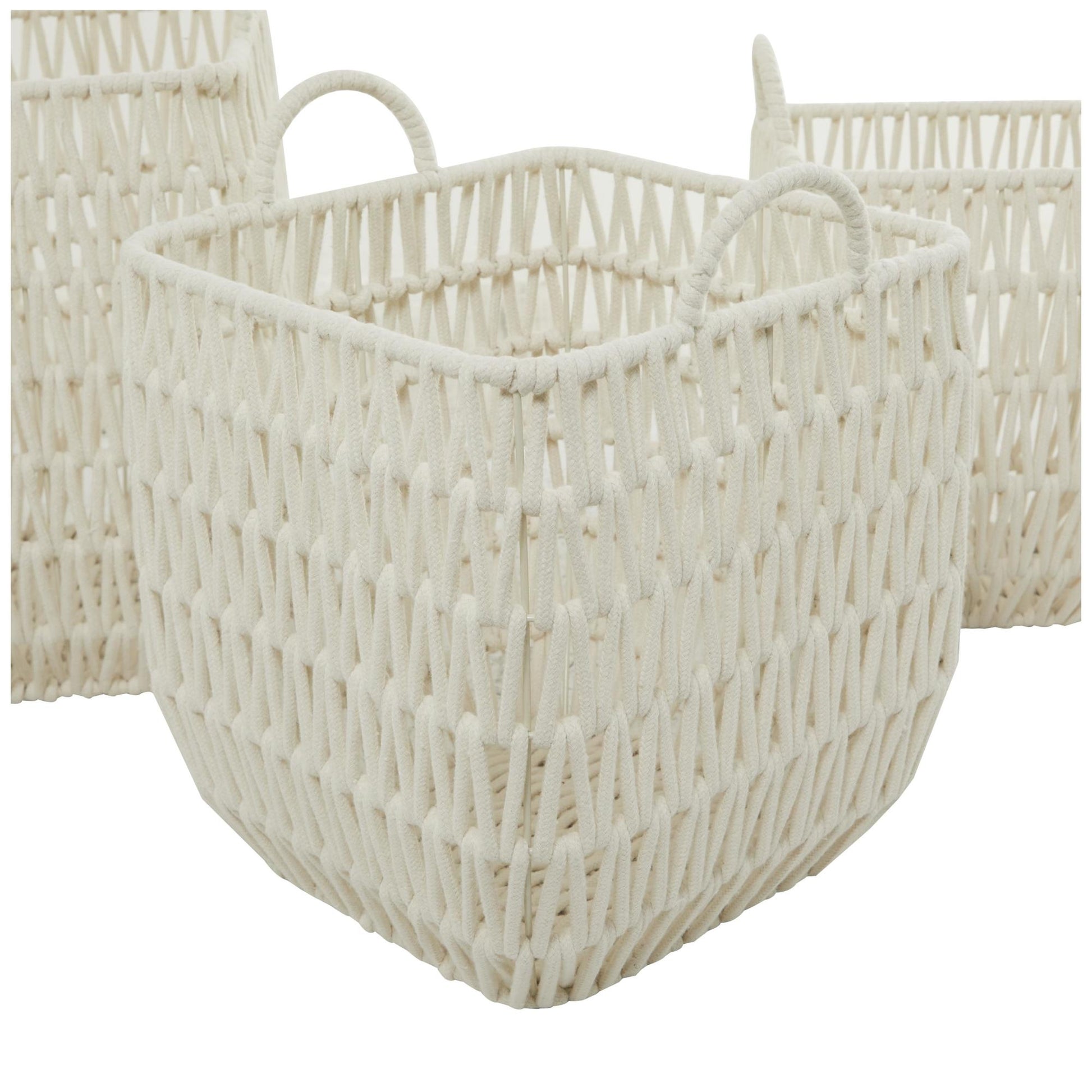 CosmoLiving by Cosmopolitan Set of 3 White Cotton Fabric Handmade Decorative and Functional Storage Basket with Handles