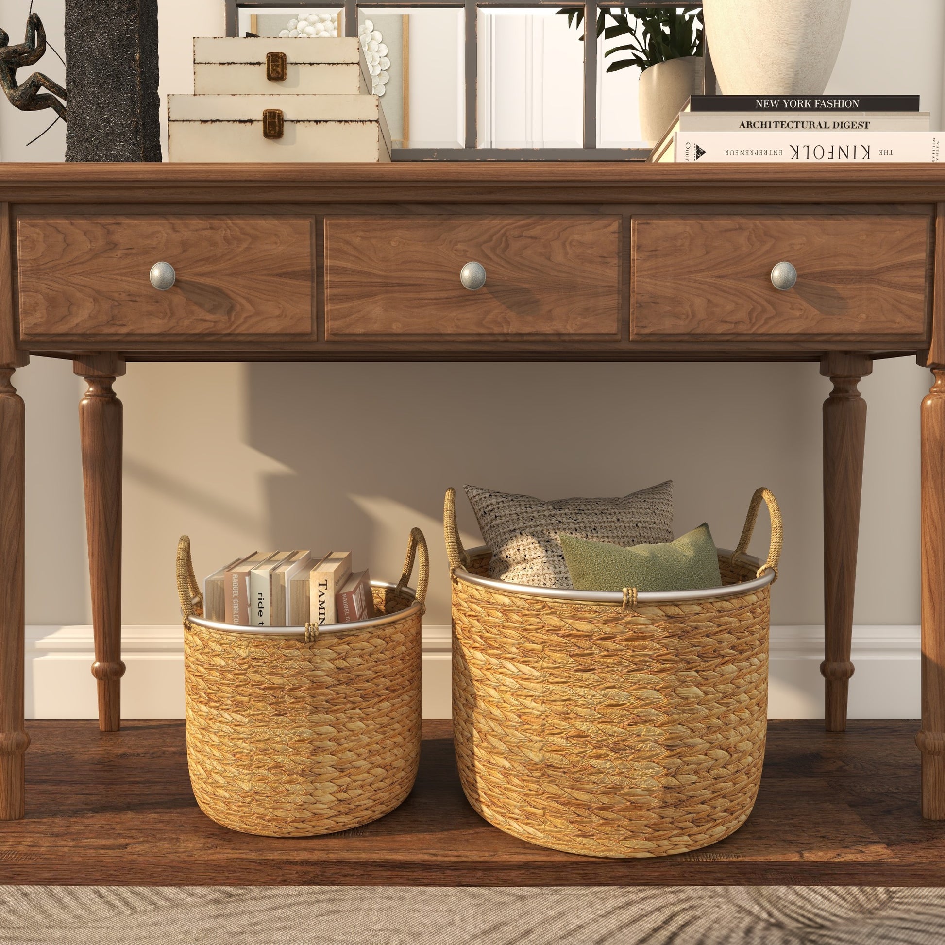 Set of 2 Light Brown Seagrass Handmade Decorative and Functional Storage Basket with Handles