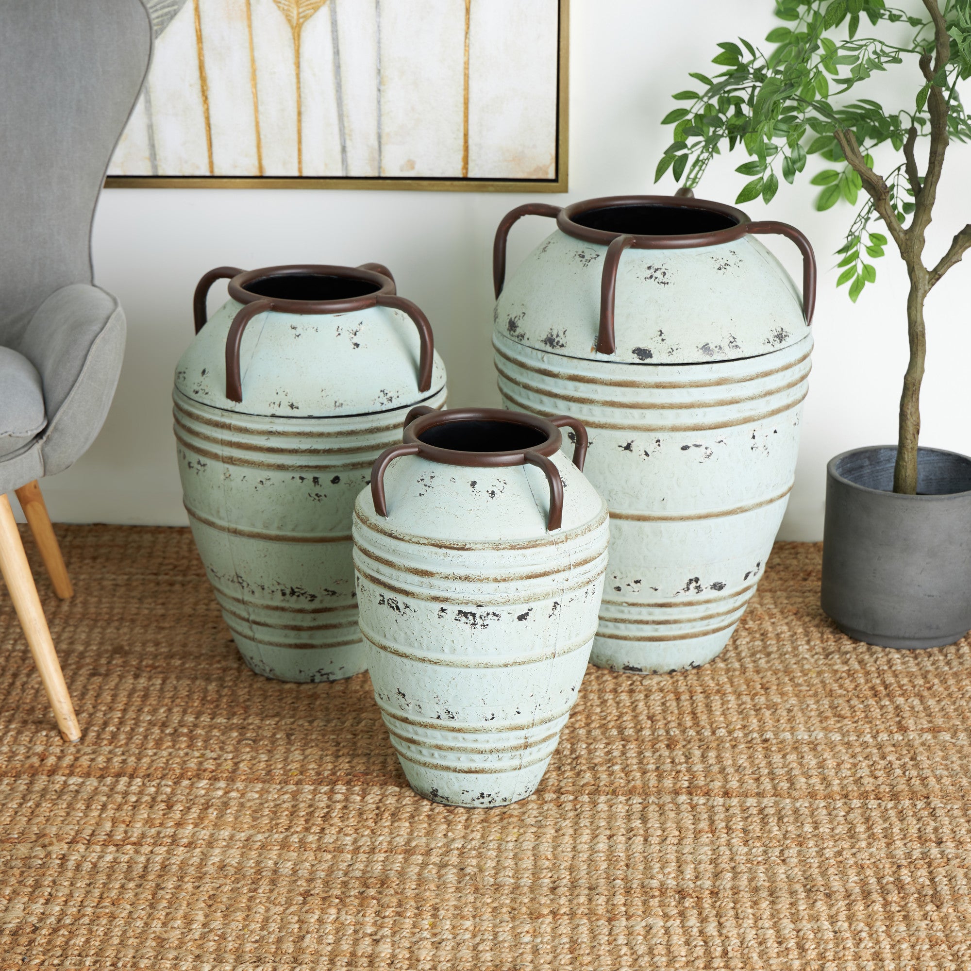 Set of 3 Blue Metal Distressed Decorative Vase with Handles