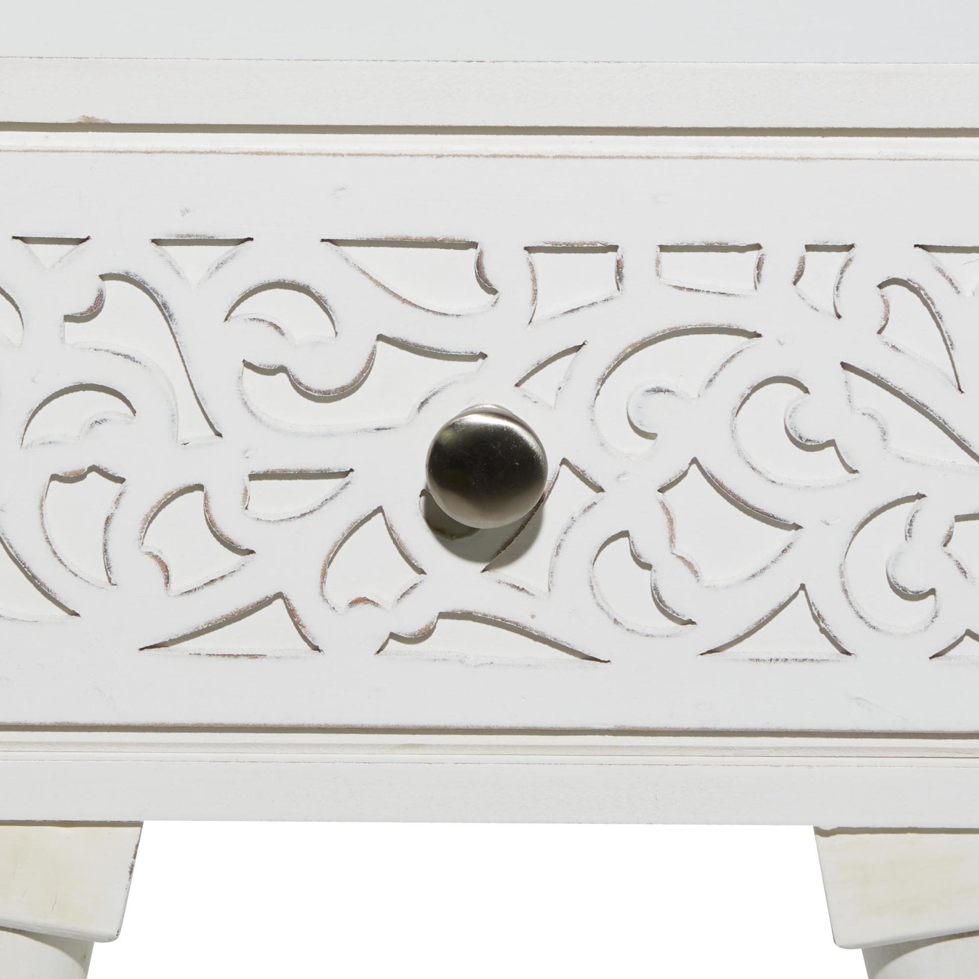 Scroll White Mango Wood Intricately Carved Single Drawer Side End Accent Table