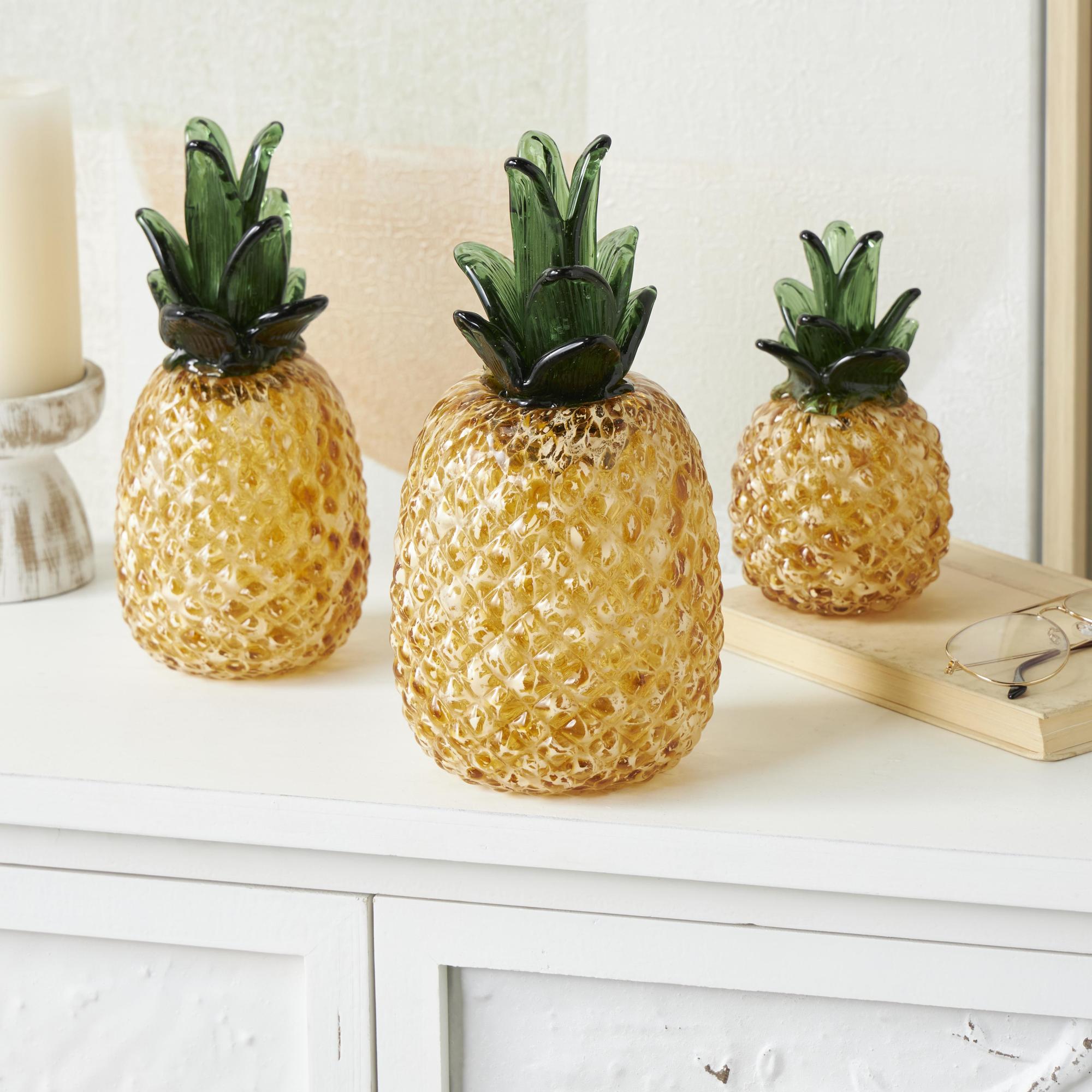 Set of 3 Fruit Orange Glass Faceted Pineapple Decorative Sculpture