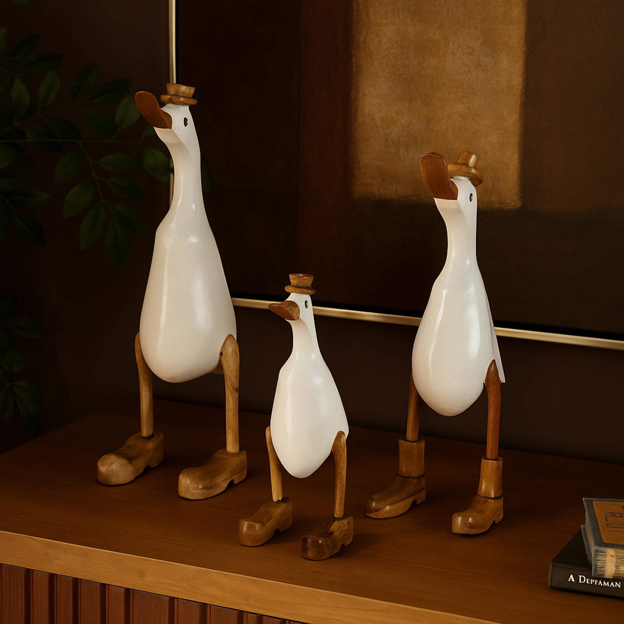 Set of 3 Duck White Bamboo Wood Decorative Sculpture with Brown Top Hats and Shoes