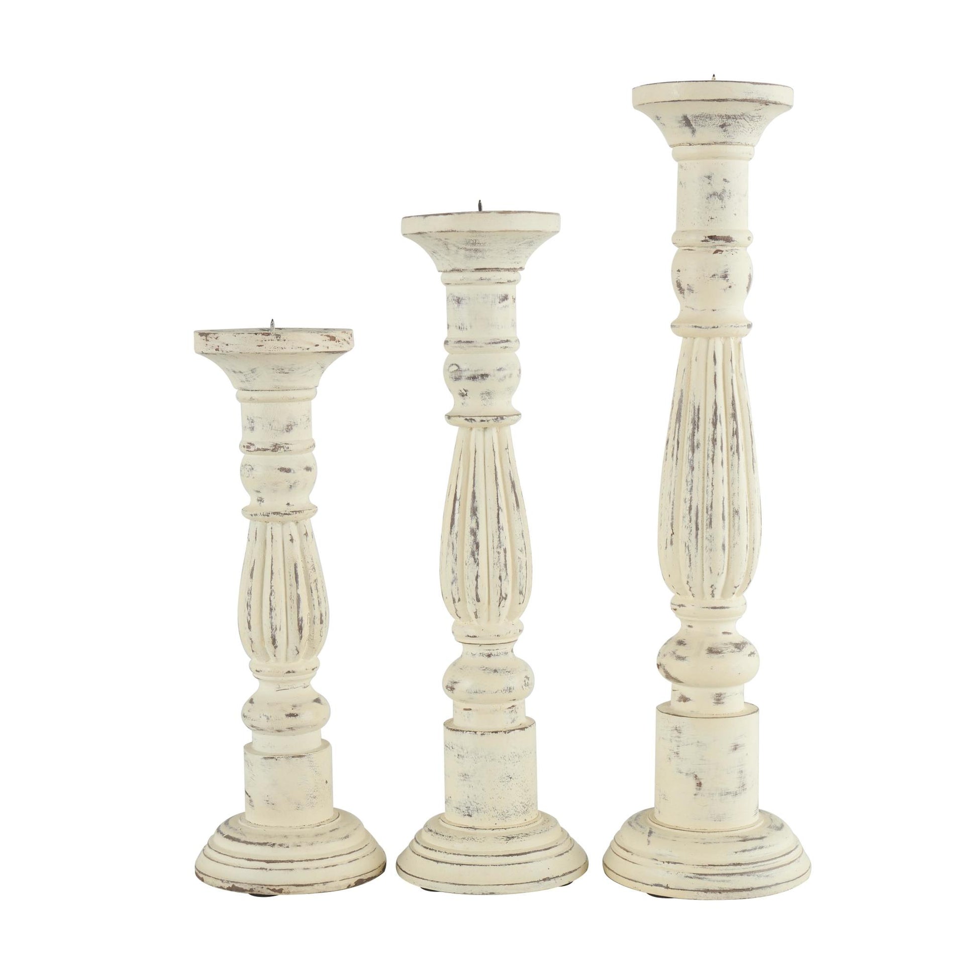Set of 3 White Mango Wood Tall Distressed Turned Decorative Candle Holder