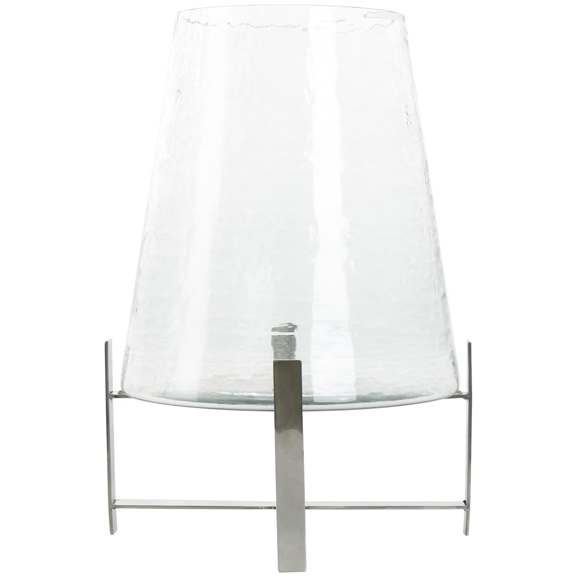 Clear Stainless Steel Metal Room Hurricane Lamp with Stainless Steel X Shaped Base