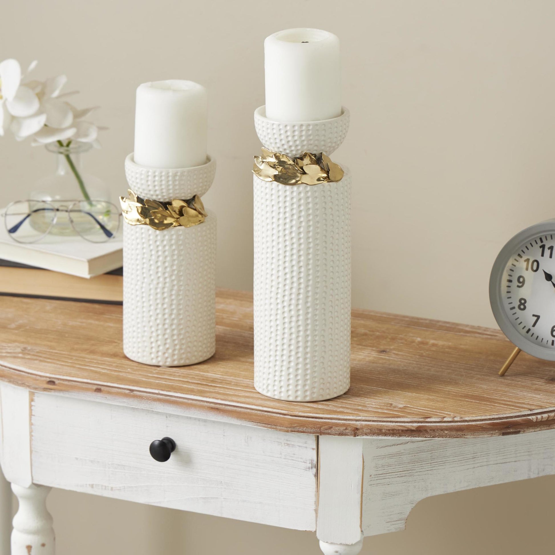 Set of 2 Leaf White Ceramic Decorative Candle Holder with Abstract Spotted Pattern and Gold Accents