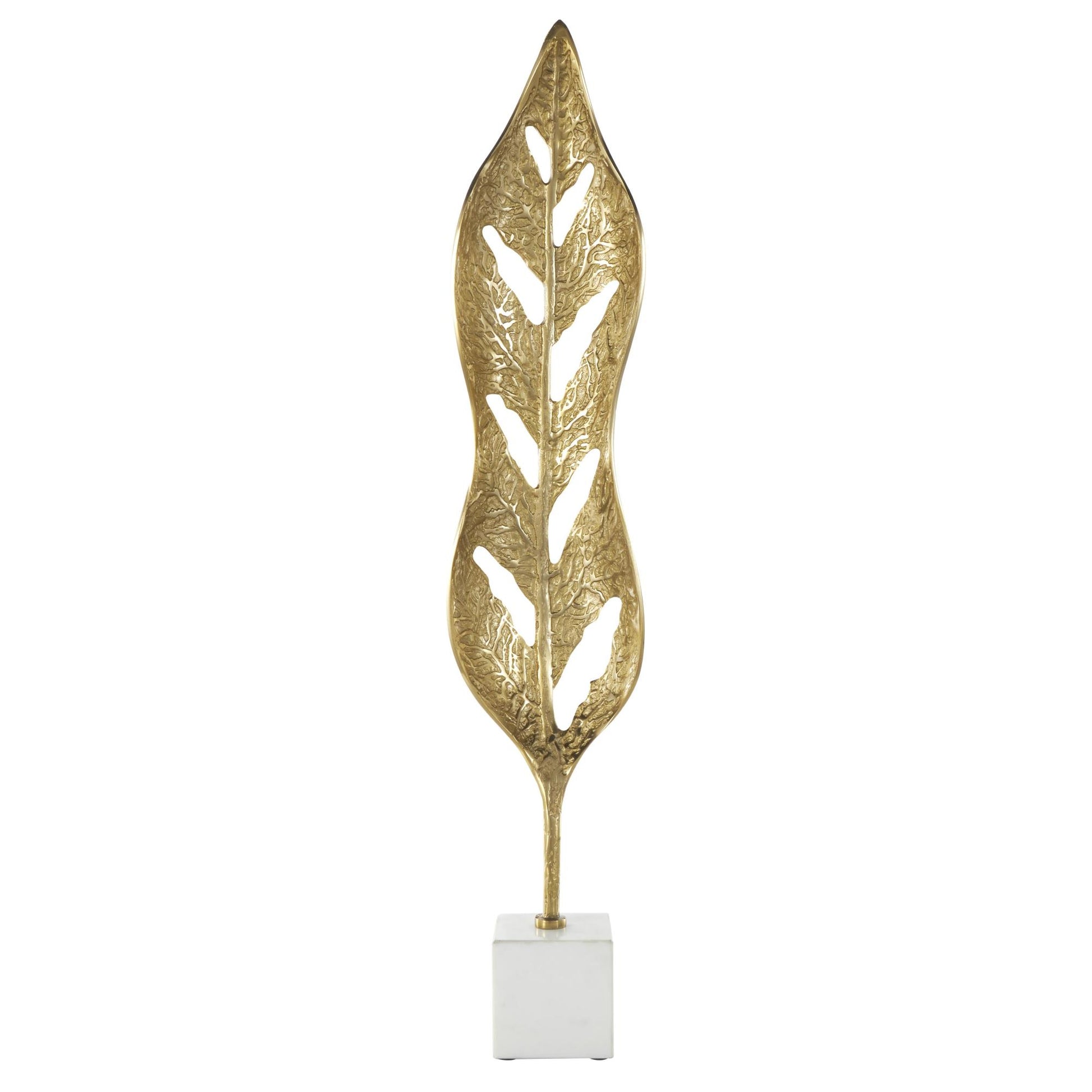 Leaf Gold Aluminum Metal Tall Textured Cutout Decorative Sculpture with White Marble Base