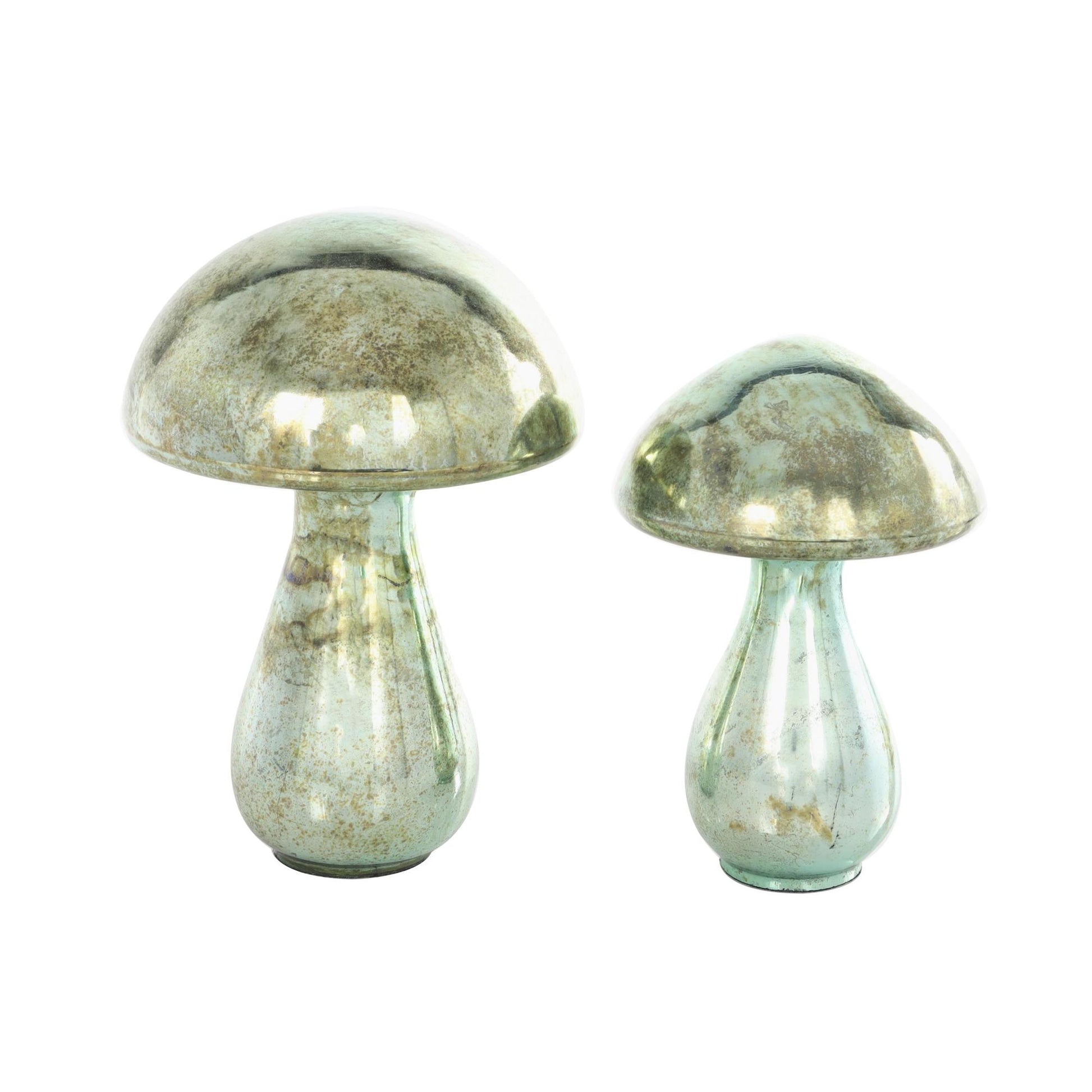 Set of 2 Mushroom Glass Handmade Glossy Weathered Decorative Sculpture