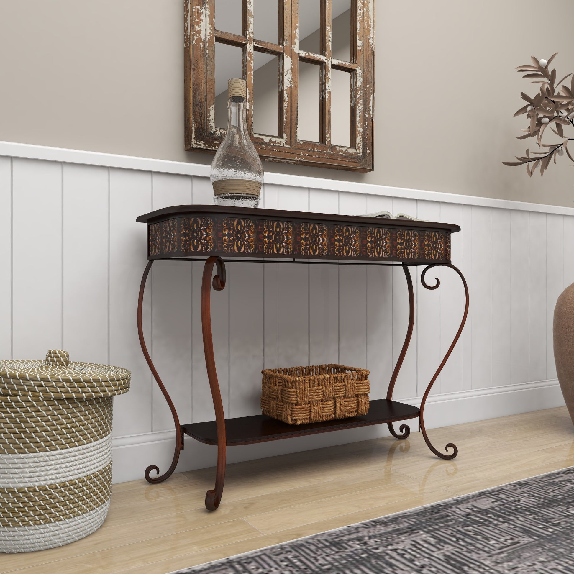 Floral Brown Metal Embossed Living Room Console Table with Ornate Scroll Legs