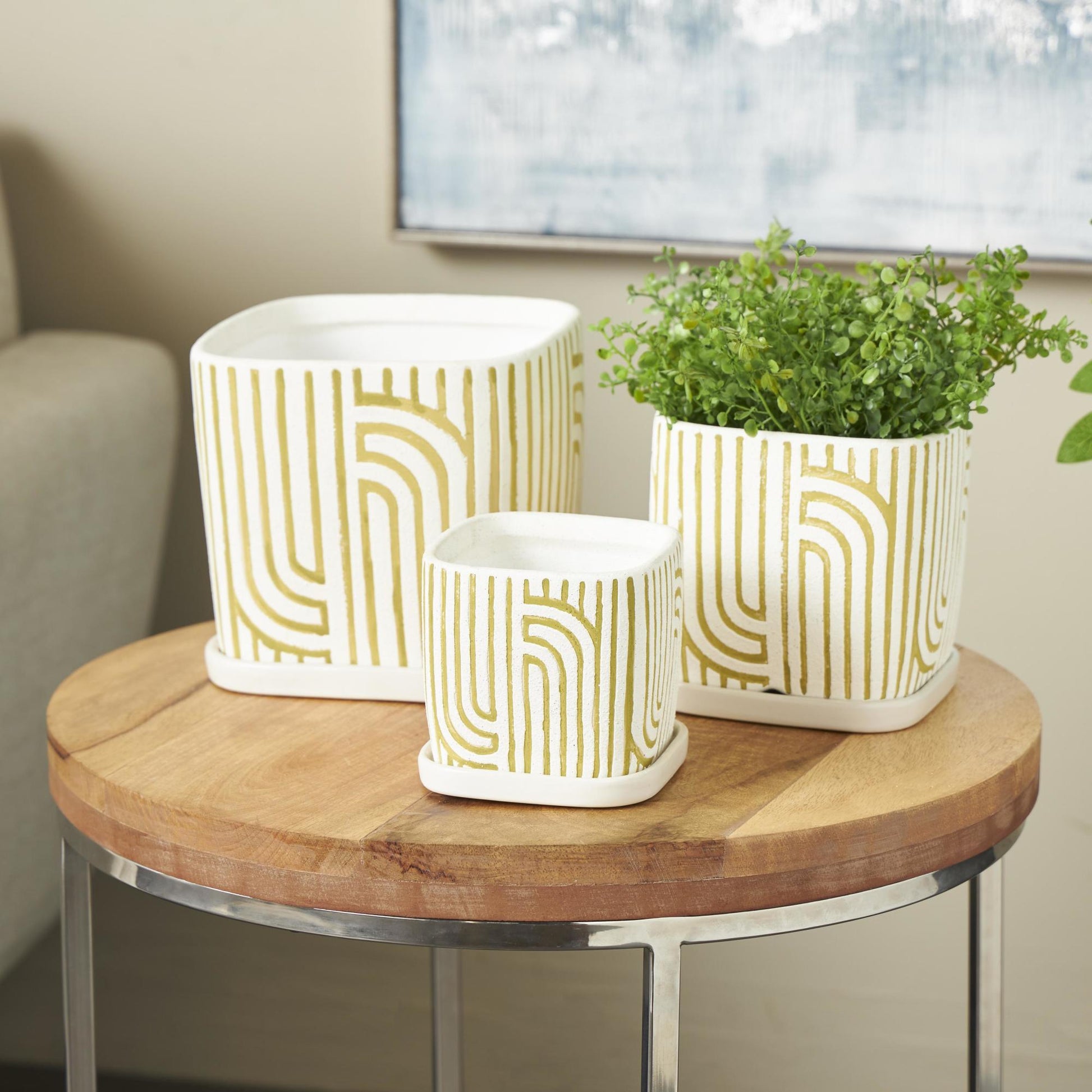 Set of 3 Geometric Ceramic Arched Patterned Indoor Outdoor Planter with Attached Saucer