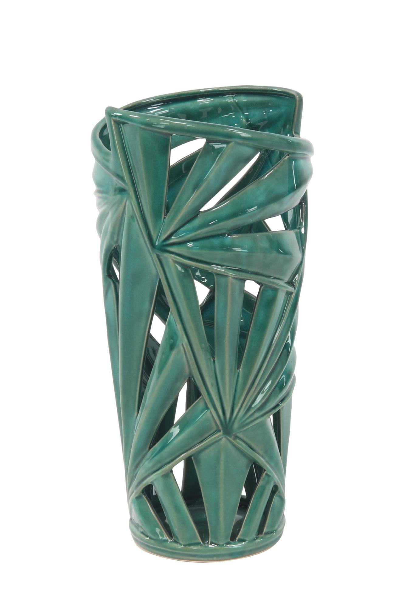 CosmoLiving by Cosmopolitan Leaf Green Ceramic Decorative Vase with Cut Out Deigns
