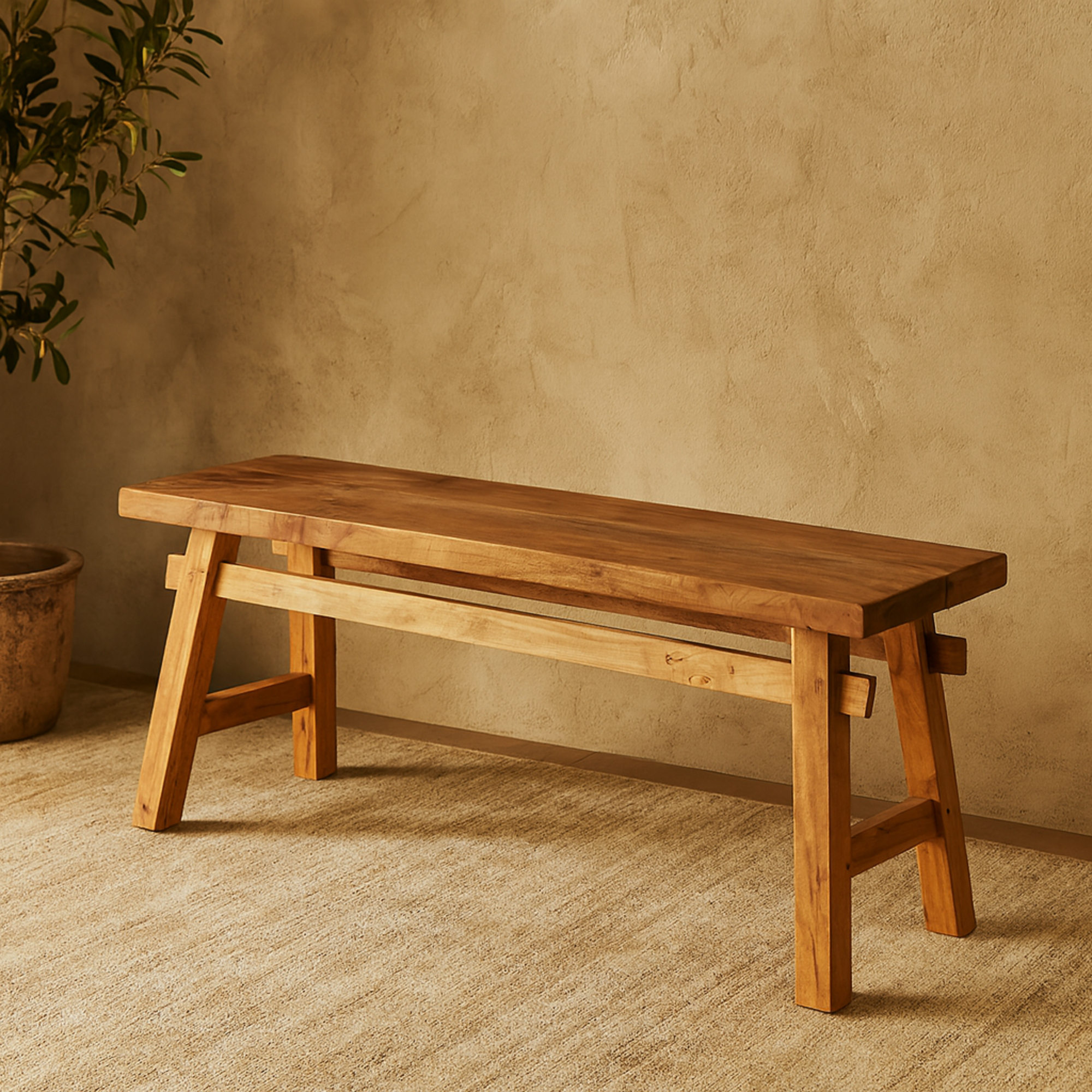 Brown Reclaimed Wood Handmade Home Bench with Natural Finish and High Trestle Legs