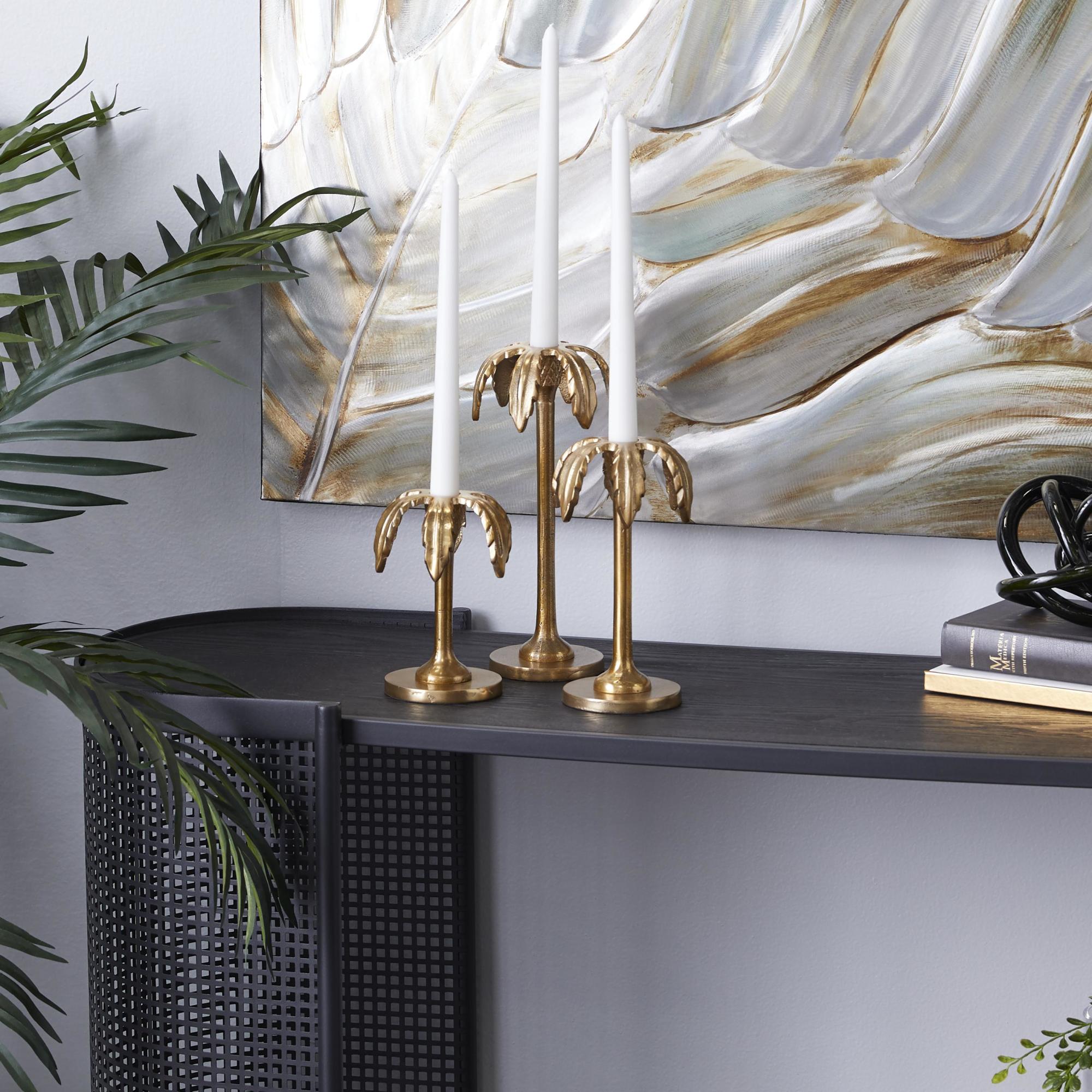 Set of 3 Gold Aluminum Metal Palm Tree Decorative Candle Holder