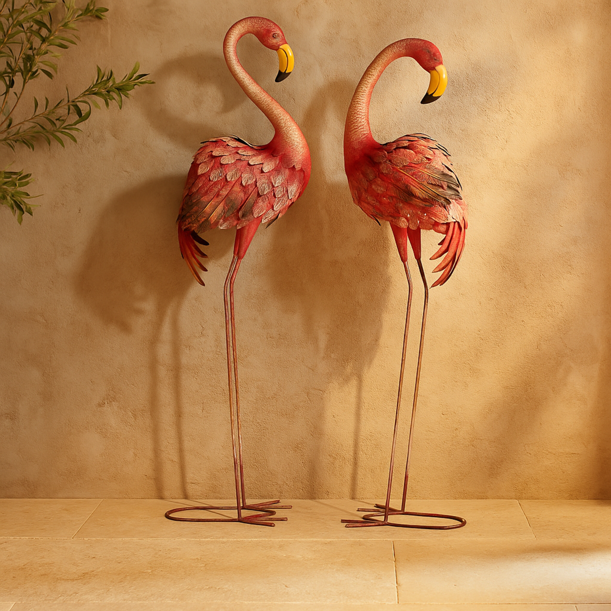 Set of 2 Flamingo Pink Metal Indoor Outdoor Standing Decorative Garden Sculpture with Yellow Accents