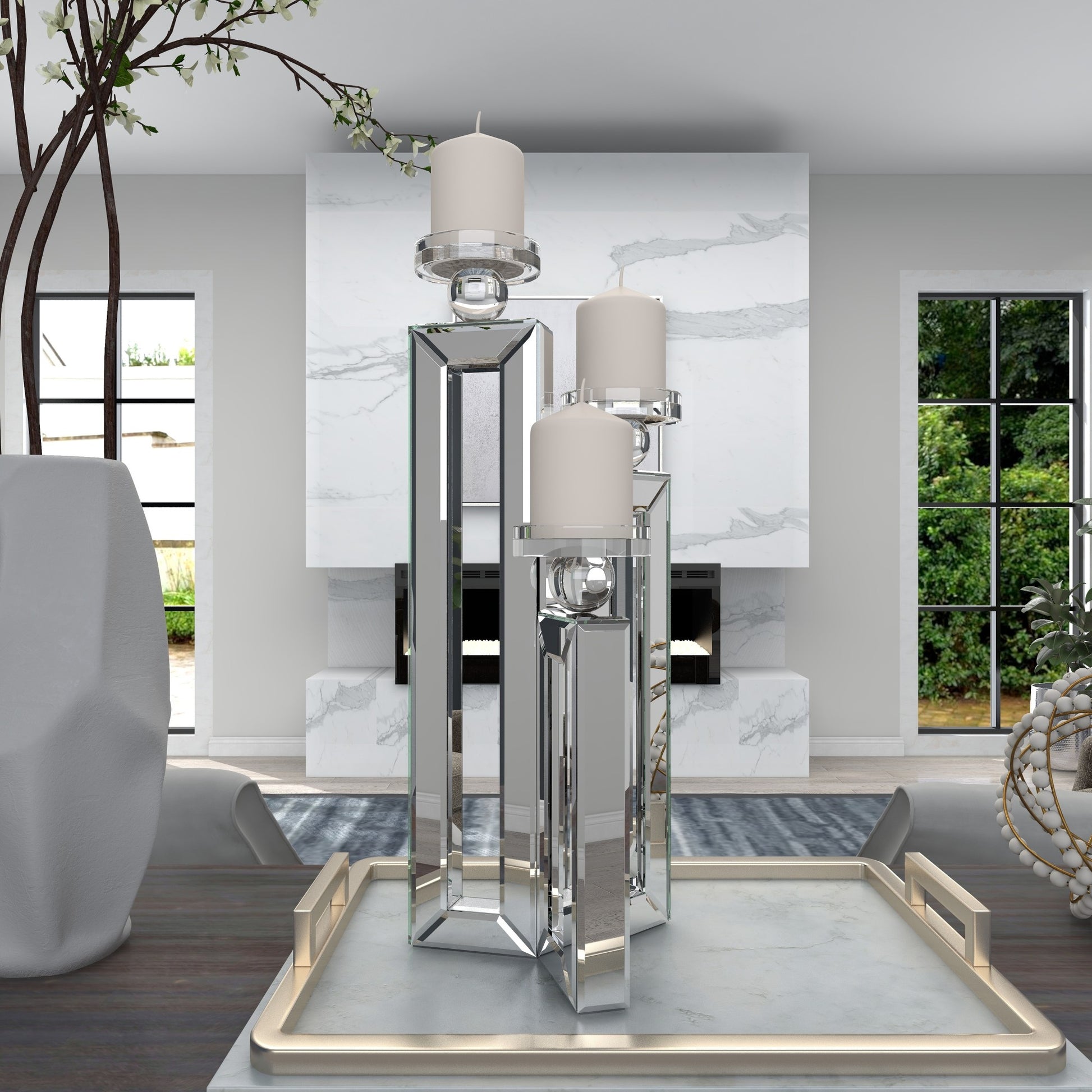 Silver Glass Pillar 3 Plate Decorative Candelabra with Mirrored Accents