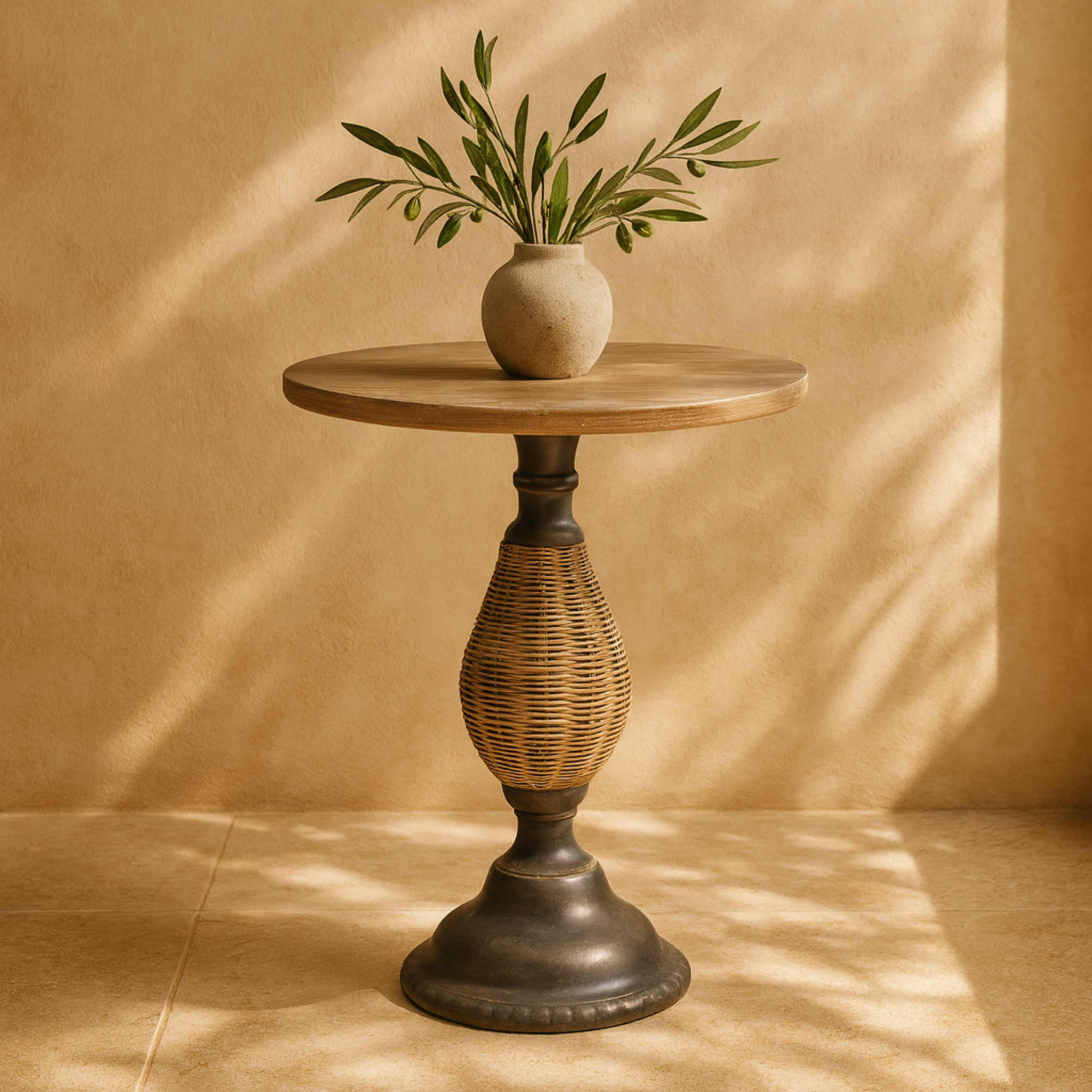 Brown Wood Side End Accent Table with Black Metal and Rattan Base