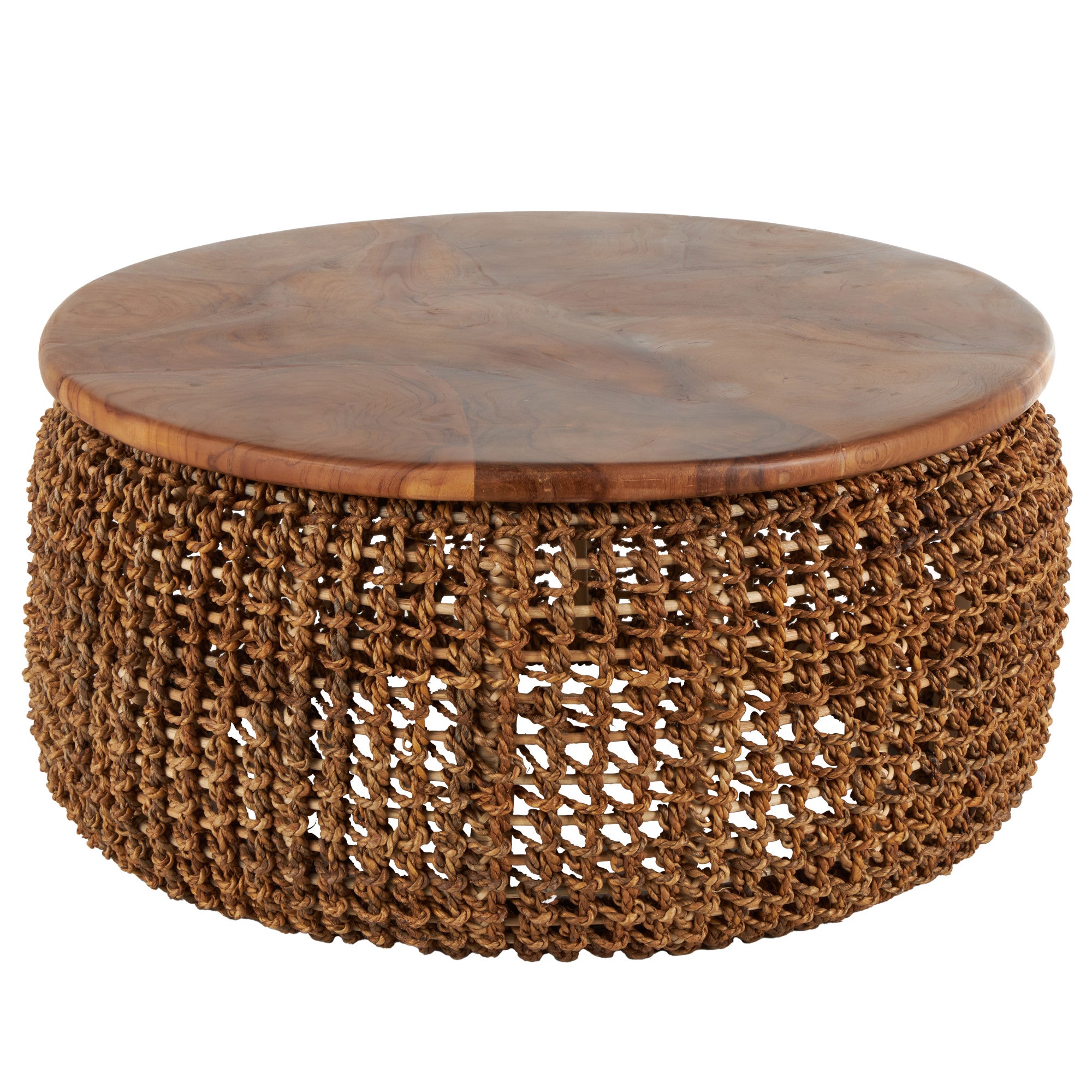 Brown Rattan Woven Living Room Coffee Table with Teak Tabletop