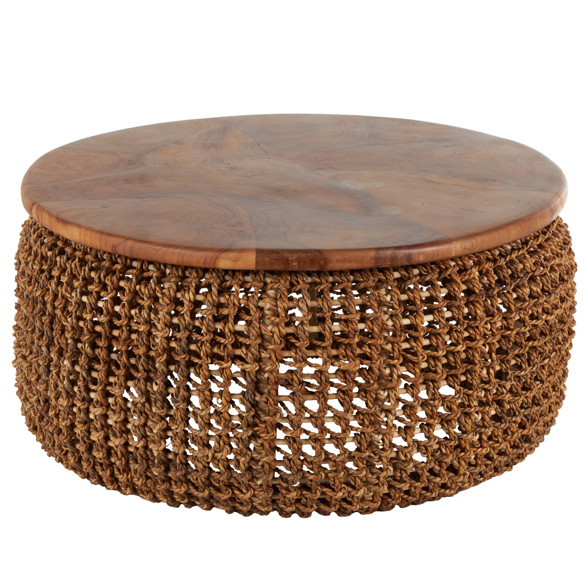 Brown Rattan Woven Living Room Coffee Table with Teak Tabletop