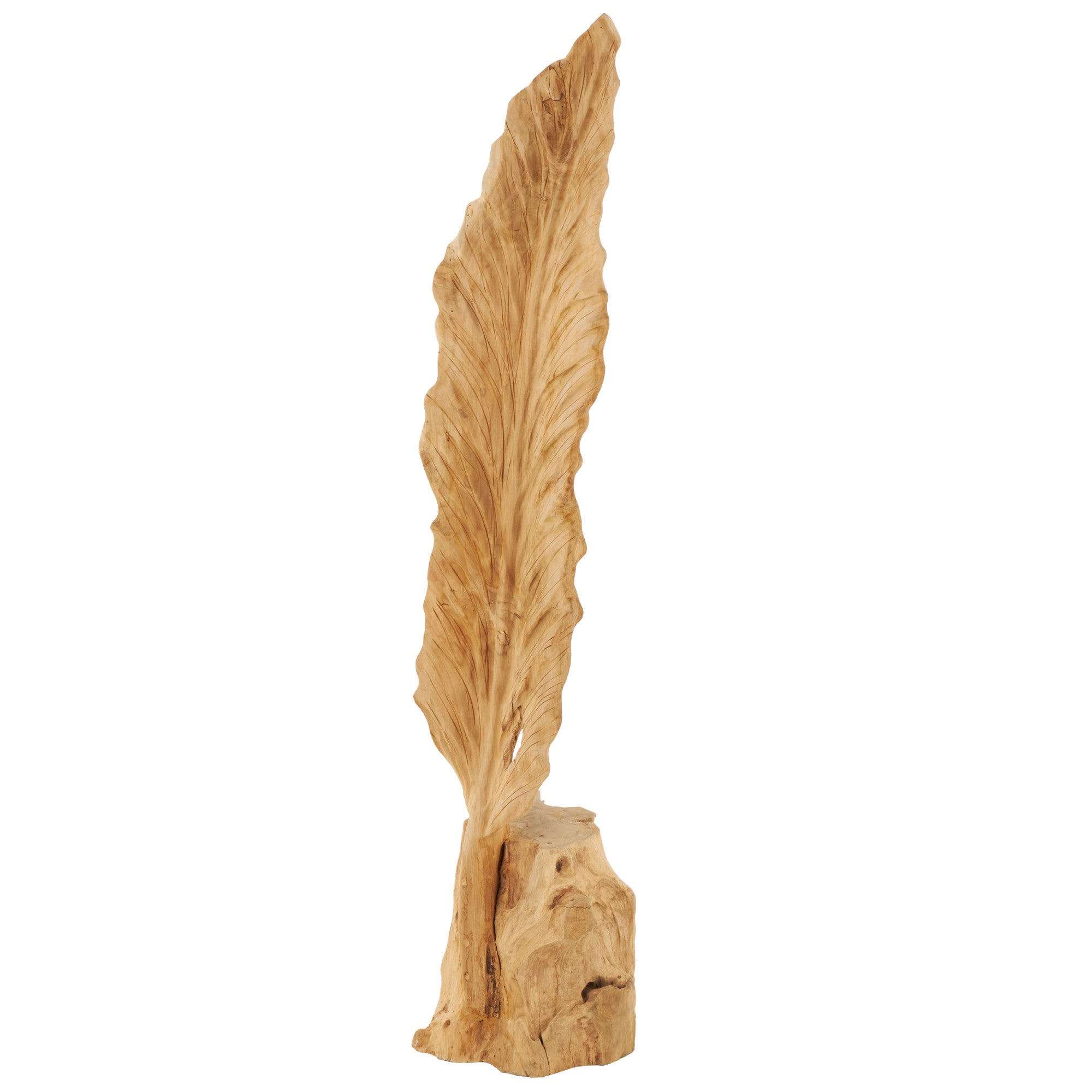 Leaf Brown Teak Wood Live Edge Floor Decorative Sculpture with Tree Stump Base