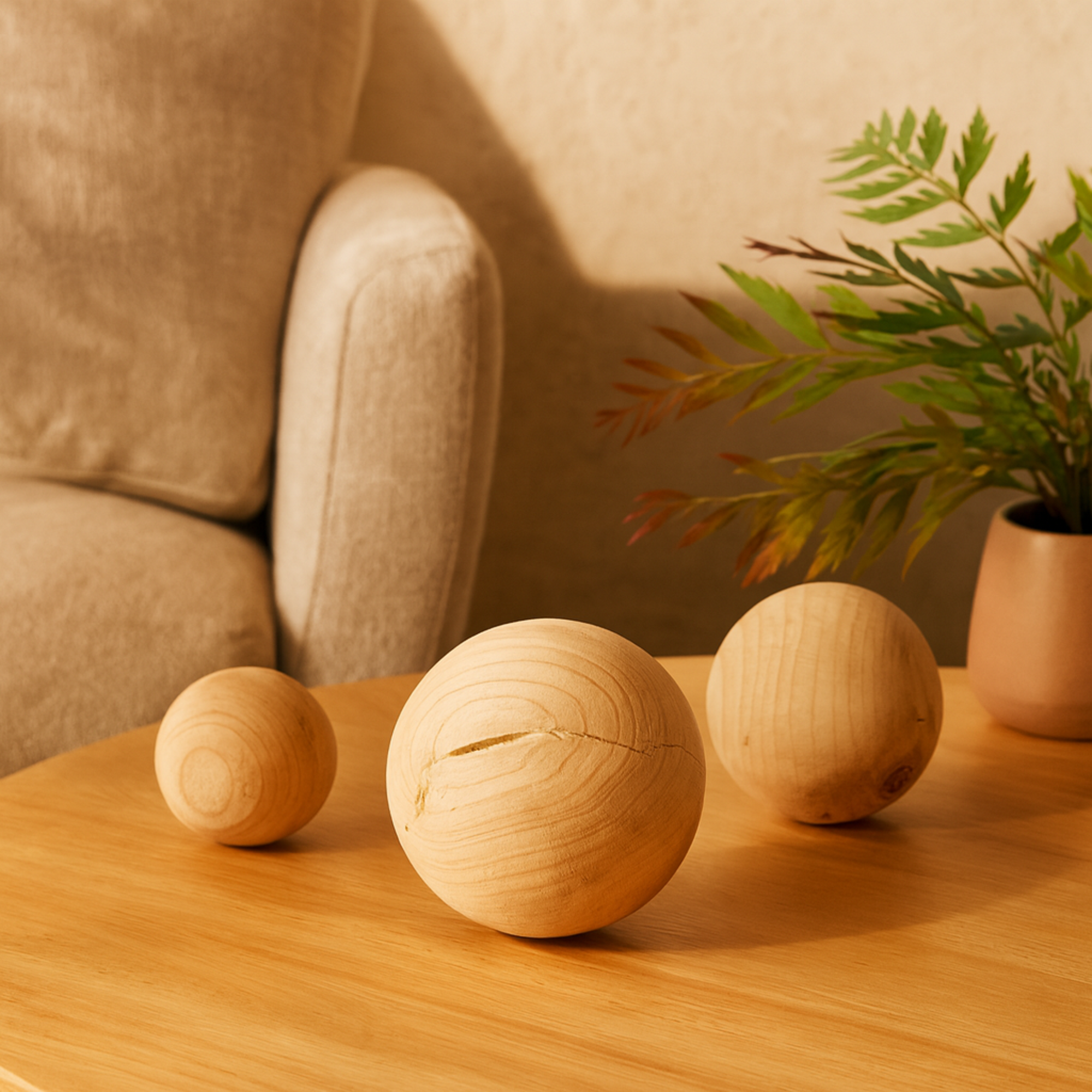 Set of 3 Light Brown Wood Handmade Decorative Orbs & Vase Filler with Varying Sizes