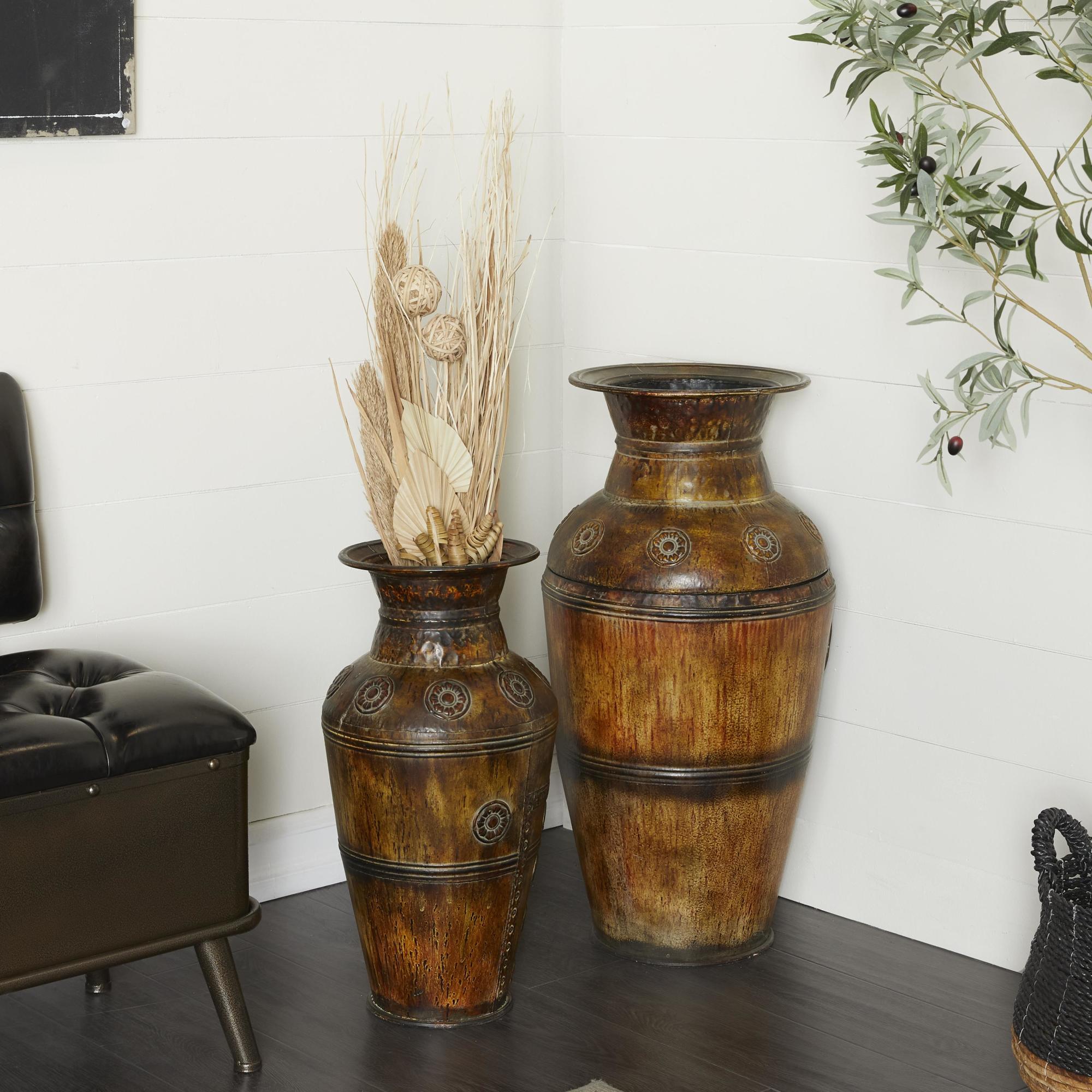 Set of 2 Floral Brown Metal Indoor Outdoor Large Decorative Vase with Evil Eye Relief