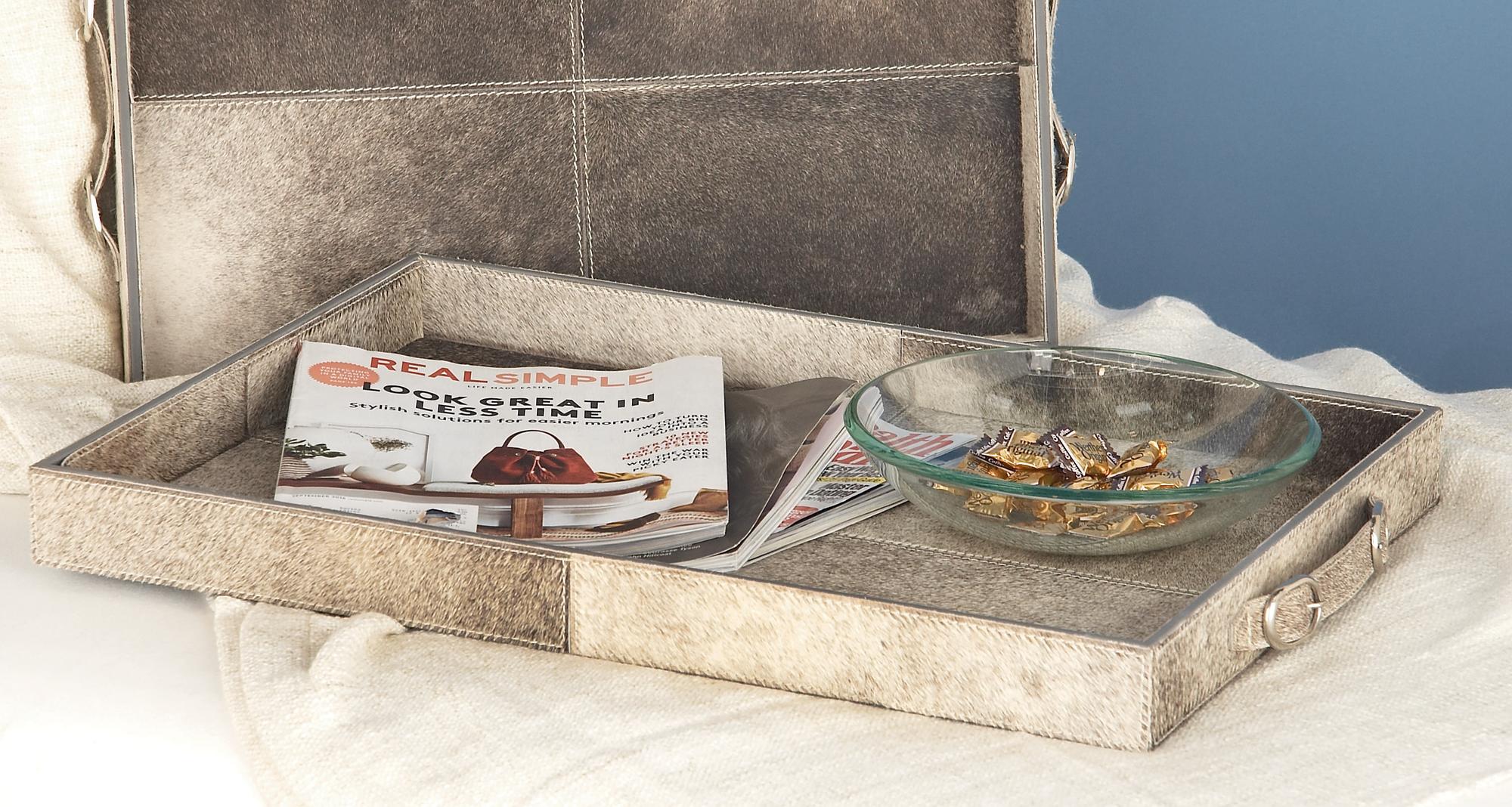 Set of 2 Gray Wooden Handmade Cowhide Living Room Decor Tray with Slot Handles