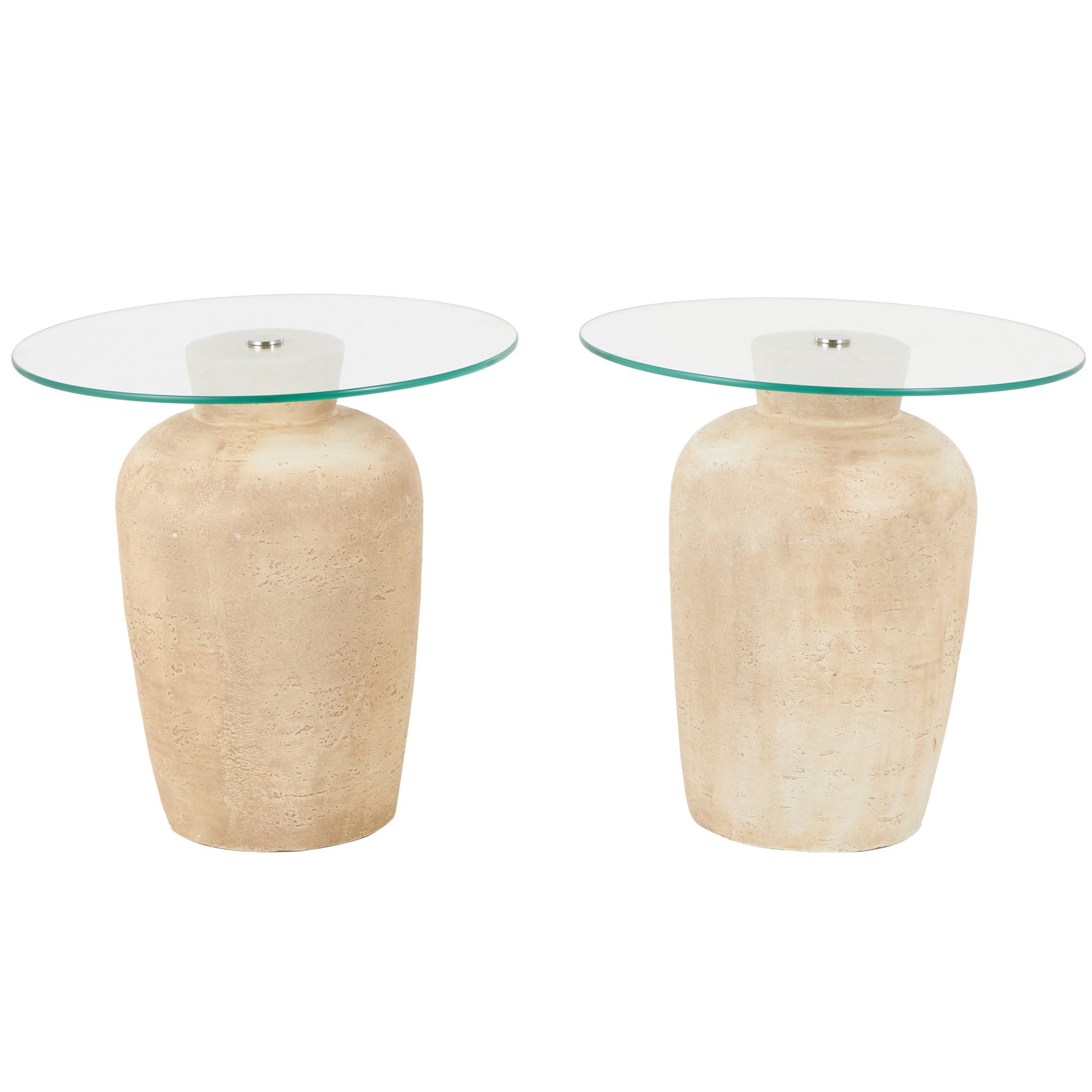 Set of 2 Beige Magnesium Oxide Side End Accent Table with Tempered Glass Tabletop