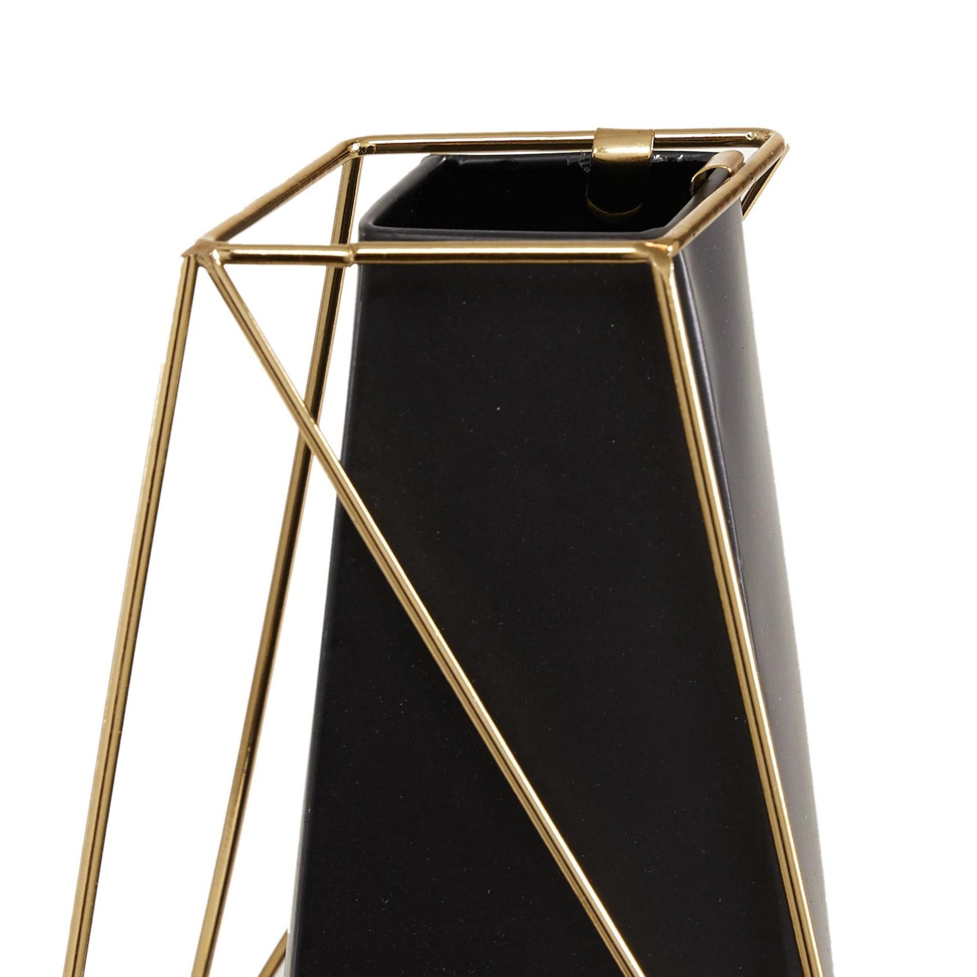Set of 2 Geometric Black Metal Decorative Vase with Gold Wire Accents