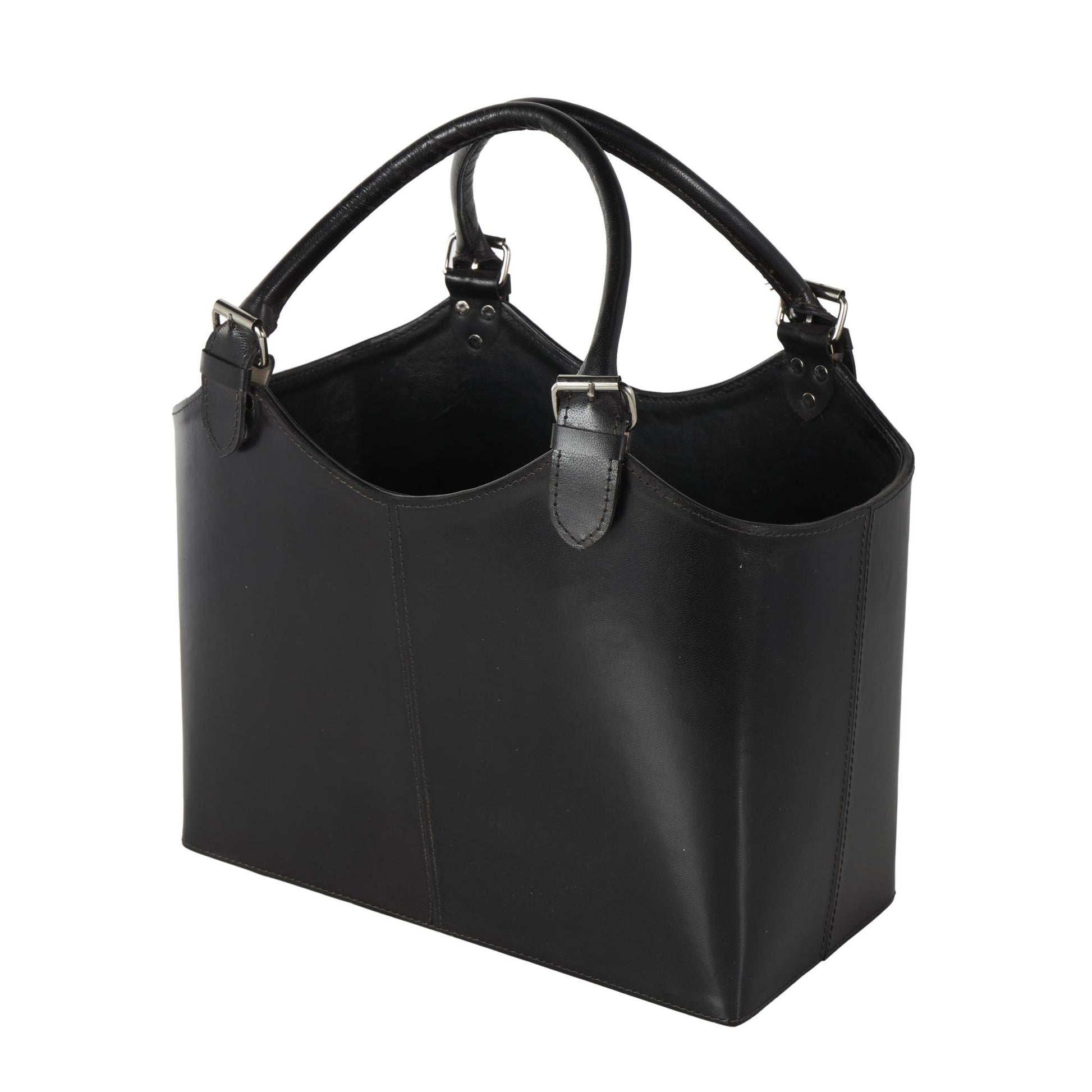 Leather Handmade Box Style Decorative Magazine Holder with Detail Stitching and Curved Buckle Handles