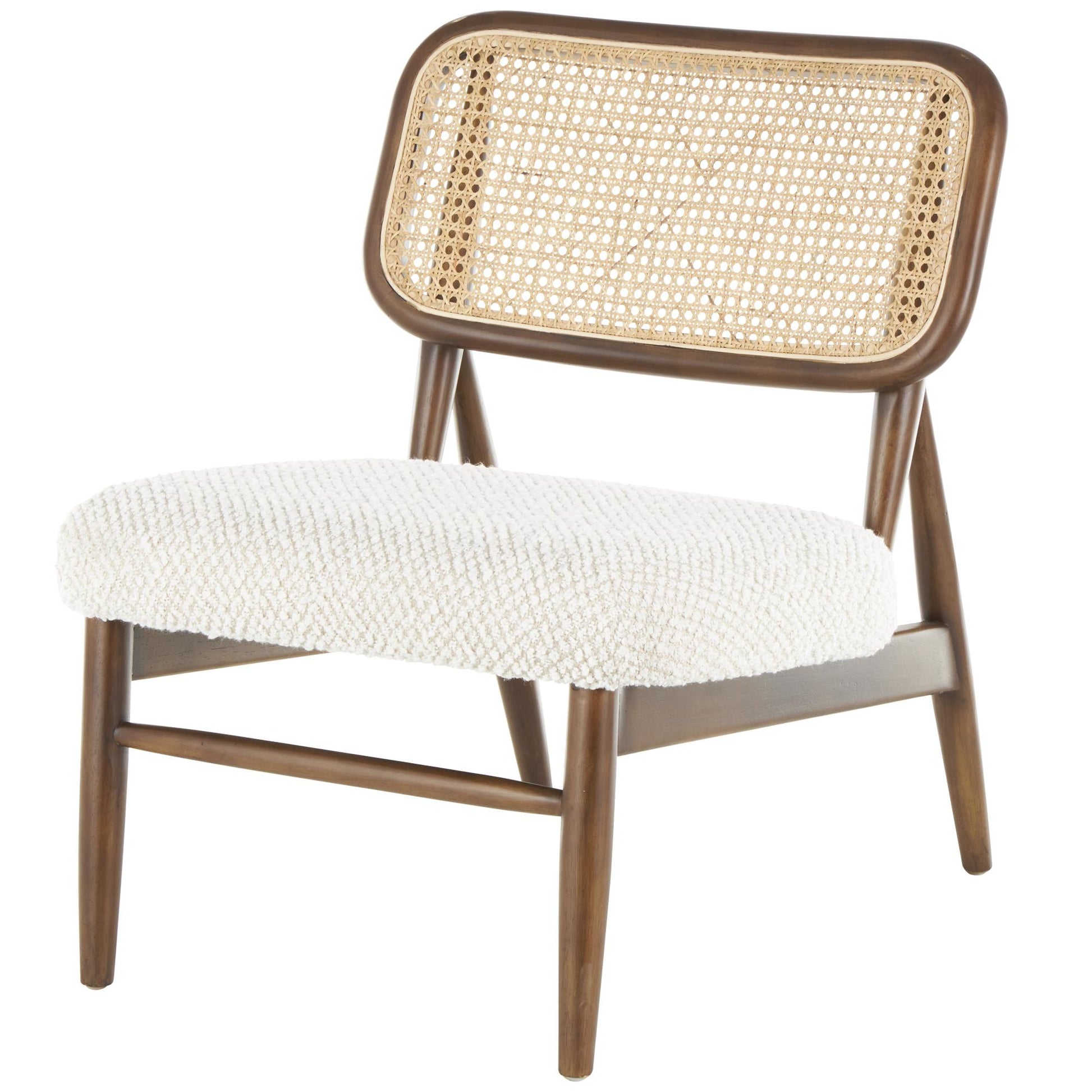 Dark Brown Wood Living Room Accent Chair with Cream Boucle Upholstery and Tan Rattan Backrest