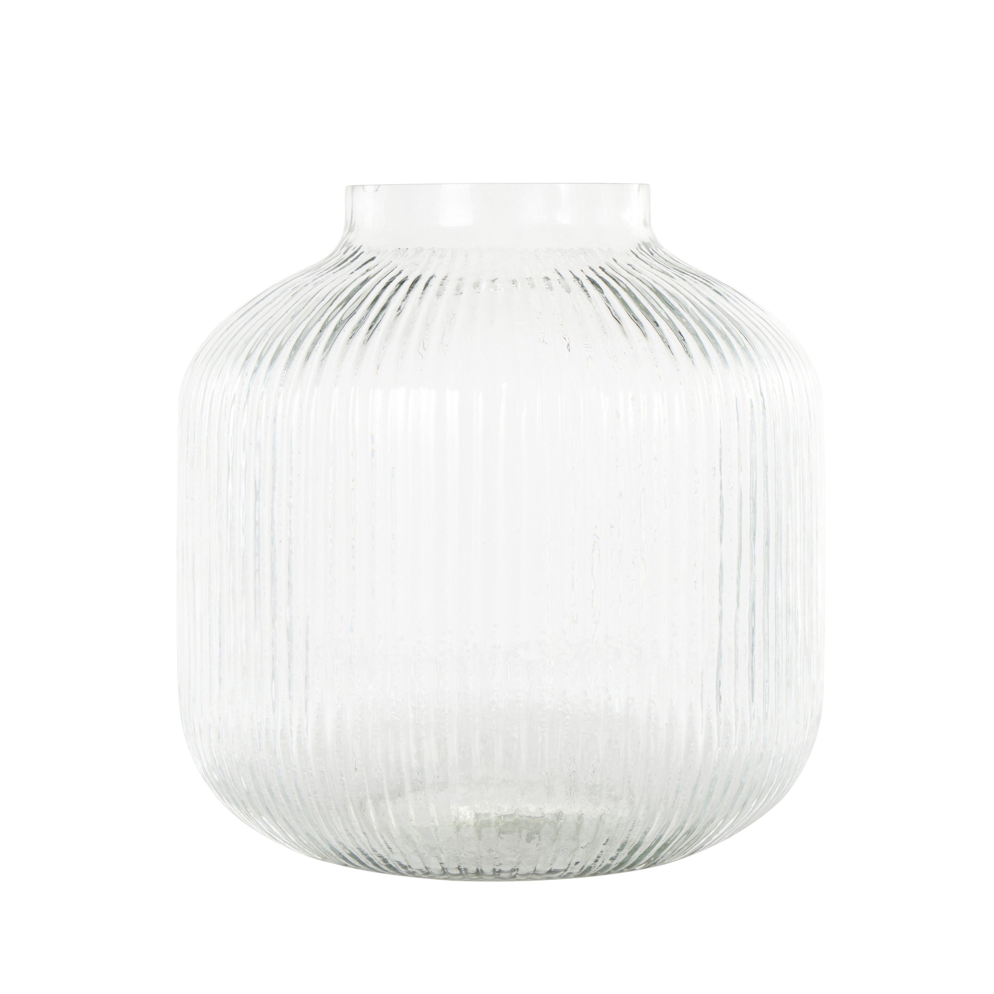 Clear Glass Short Round Ribbed Decorative Vase