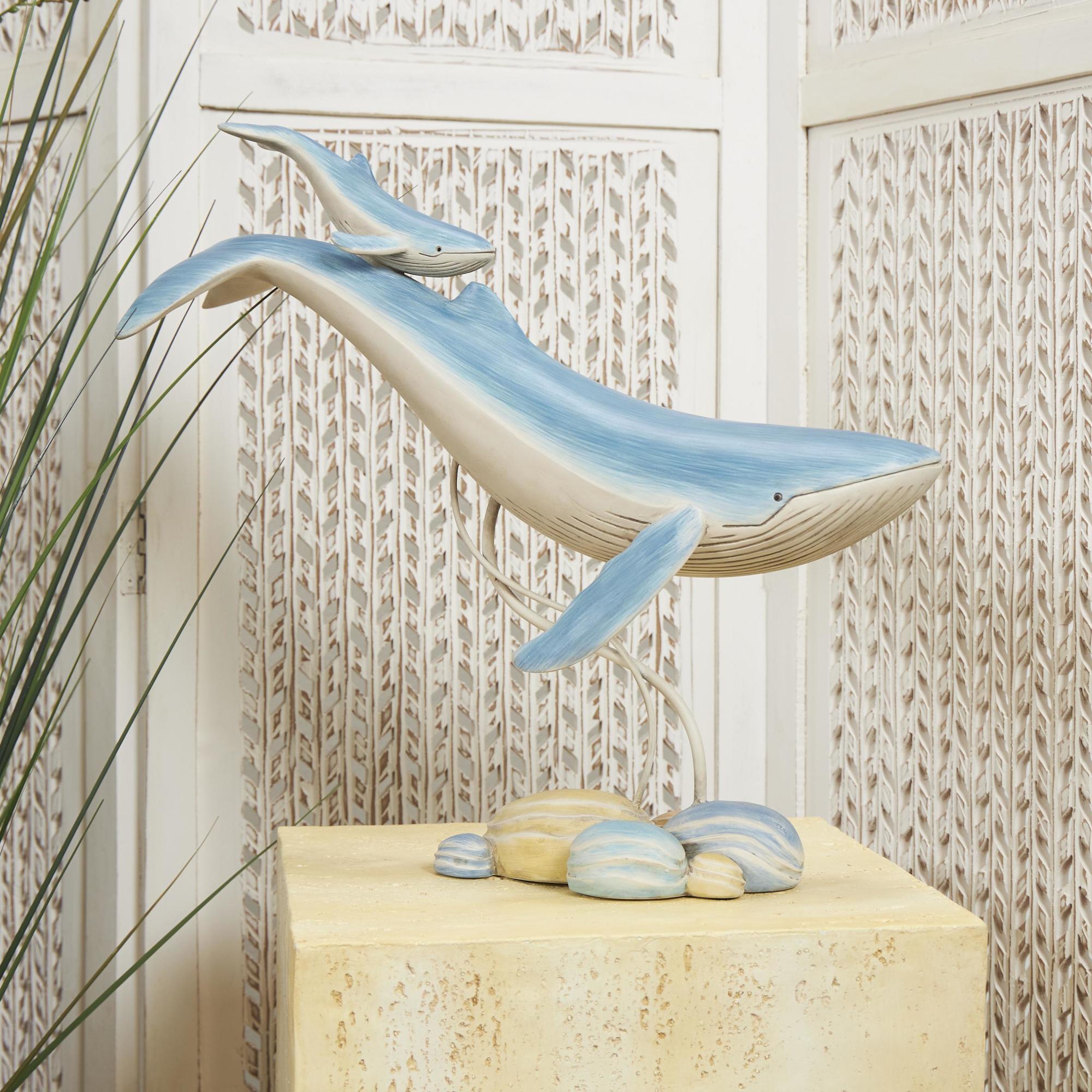 Whale Blue Polystone Swimming Mother and Baby Decorative Sculpture with Yellow Accents