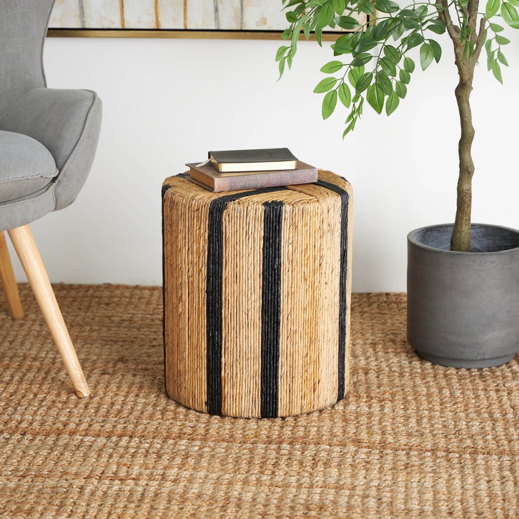 Brown Banana Leaf Handmade Linear Wrapped Side End Accent Table