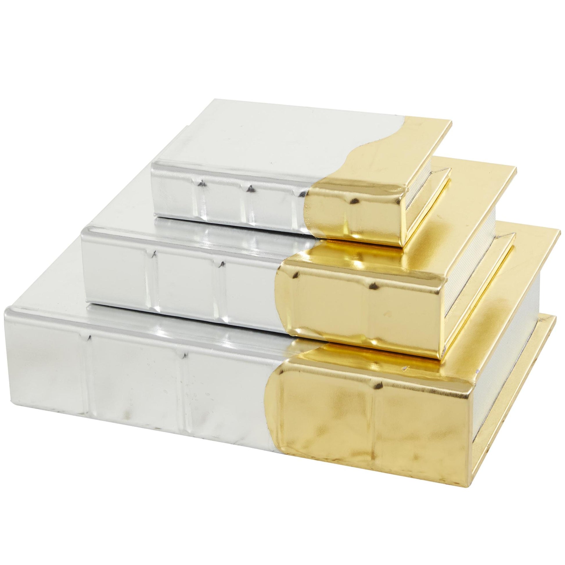 CosmoLiving by Cosmopolitan Set of 3 Silver Faux Leather Metallic Faux Book Storage Decorative Box with Wavy Gold Design