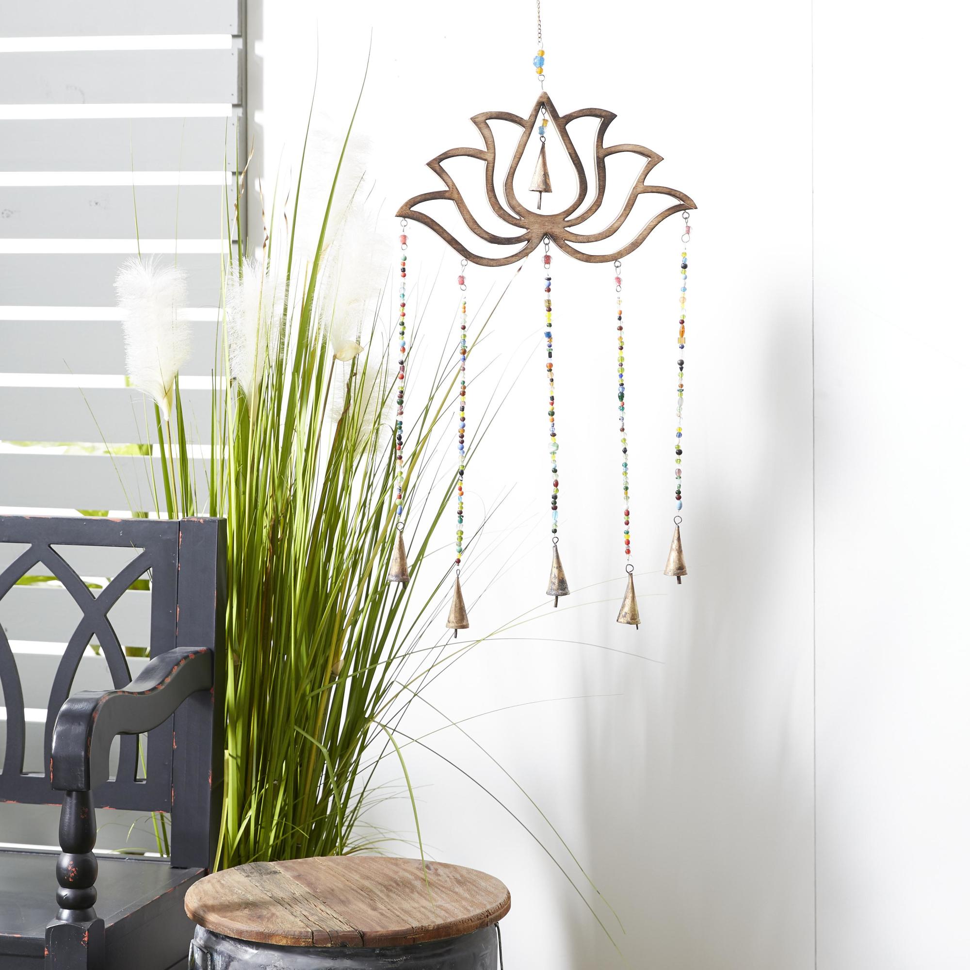 Floral Brown Mango Wood Handmade Lotus Indoor Outdoor Windchime with Glass Beads and Cone Bells