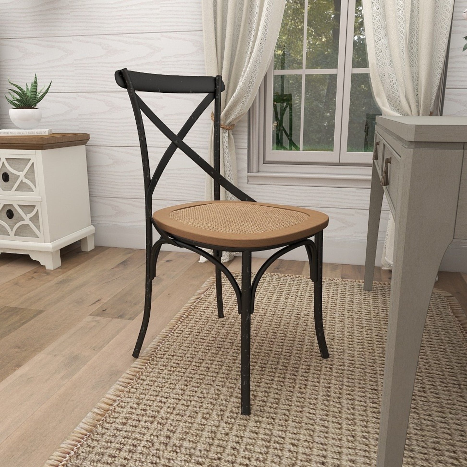 Metal Kitchen Dining Chair with Brown Rattan Seat
