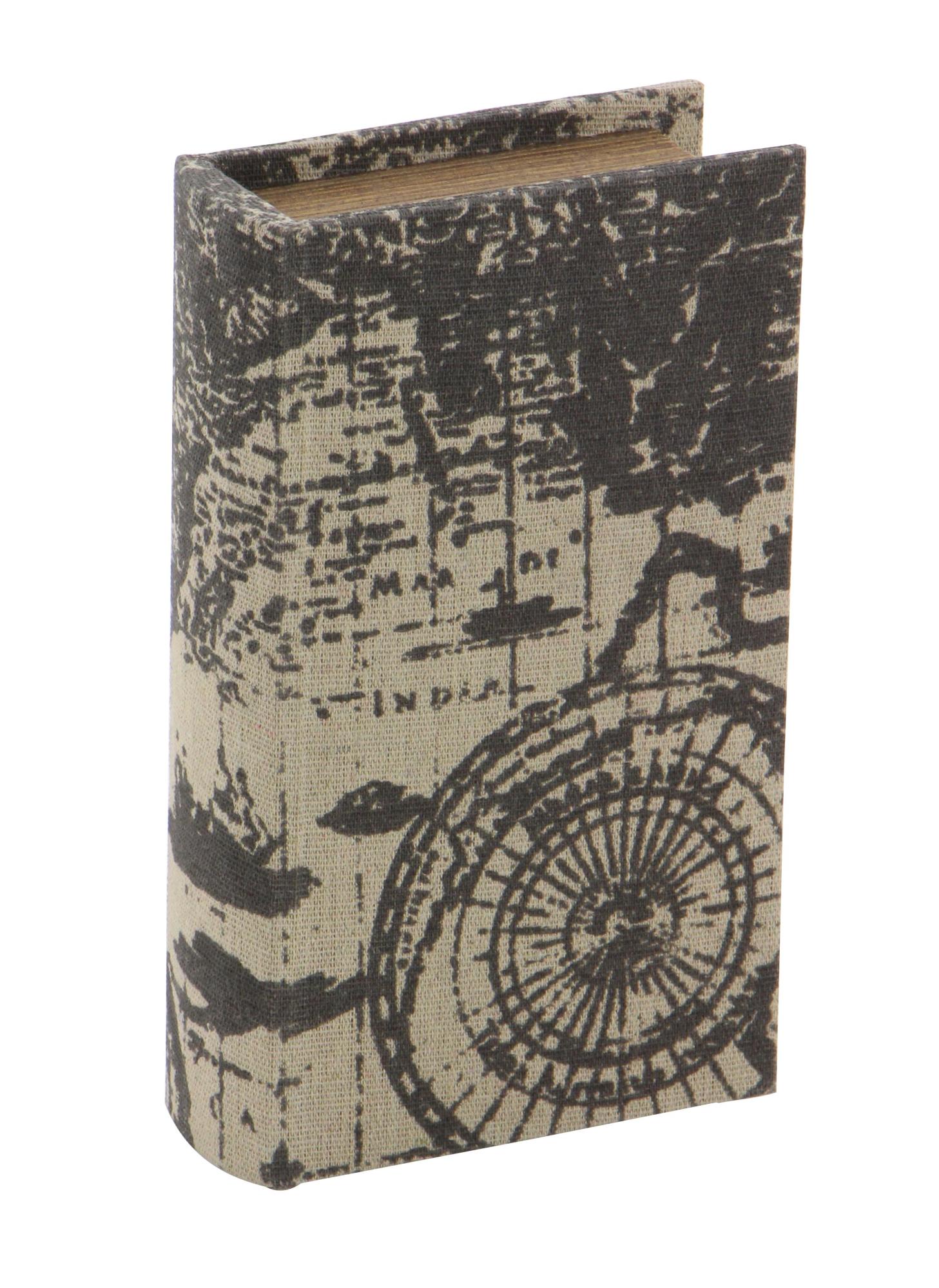Set of 3 World Map Beige Linen Fabric Faux Book Storage Decorative Box with Black Continents