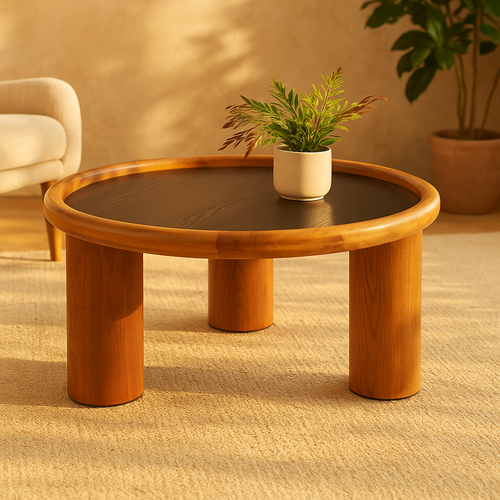 Brown Wood Handmade Round Living Room Coffee Table with Black Tabletop