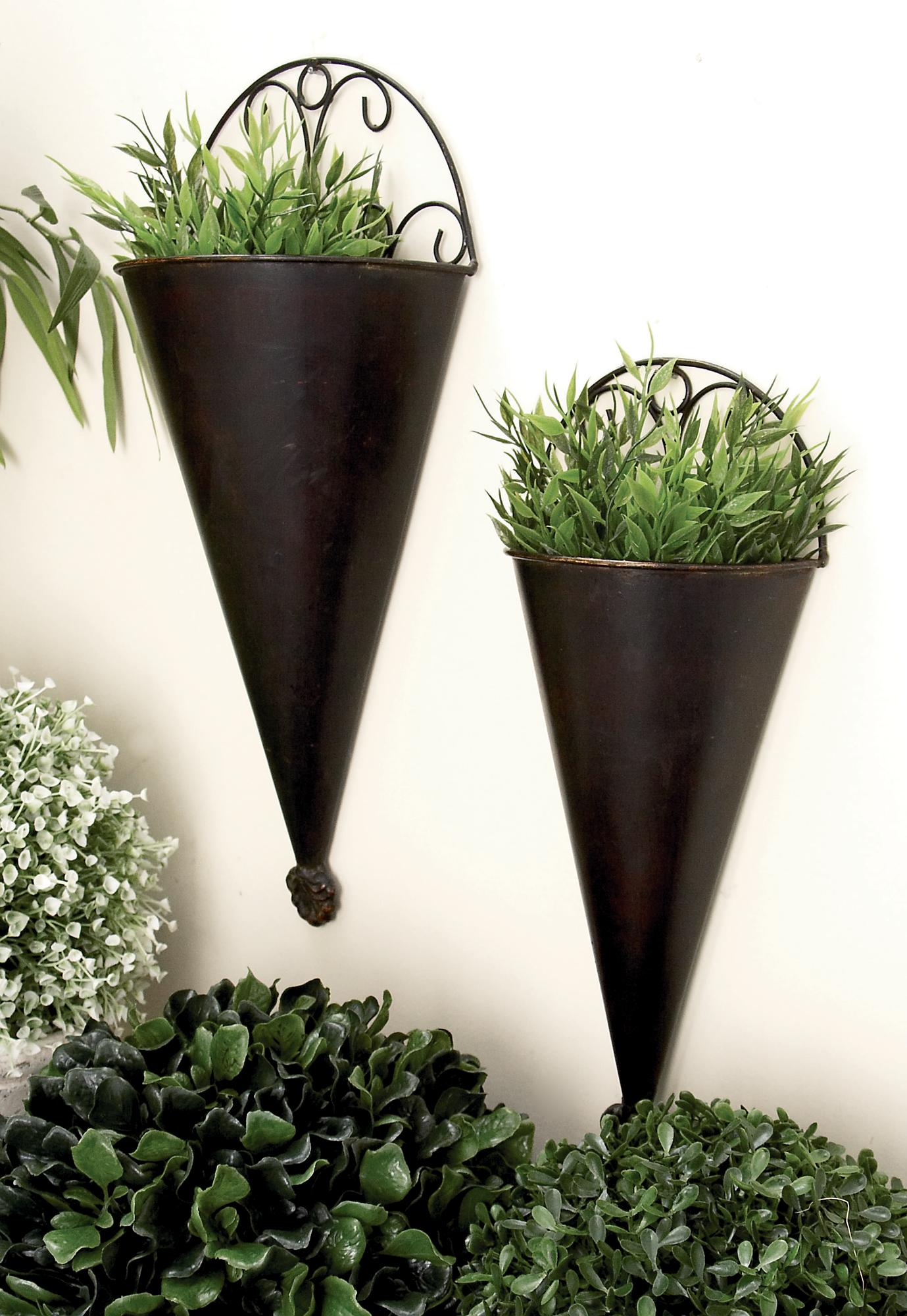 Set of 2 Scroll Black Metal Cone Indoor Outdoor Wall Planter