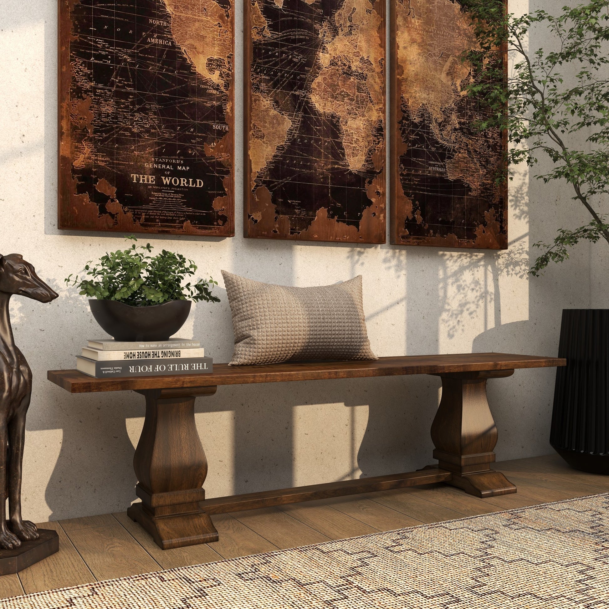 Brown Mango Wood Turned Home Bench with Parquet Inlay