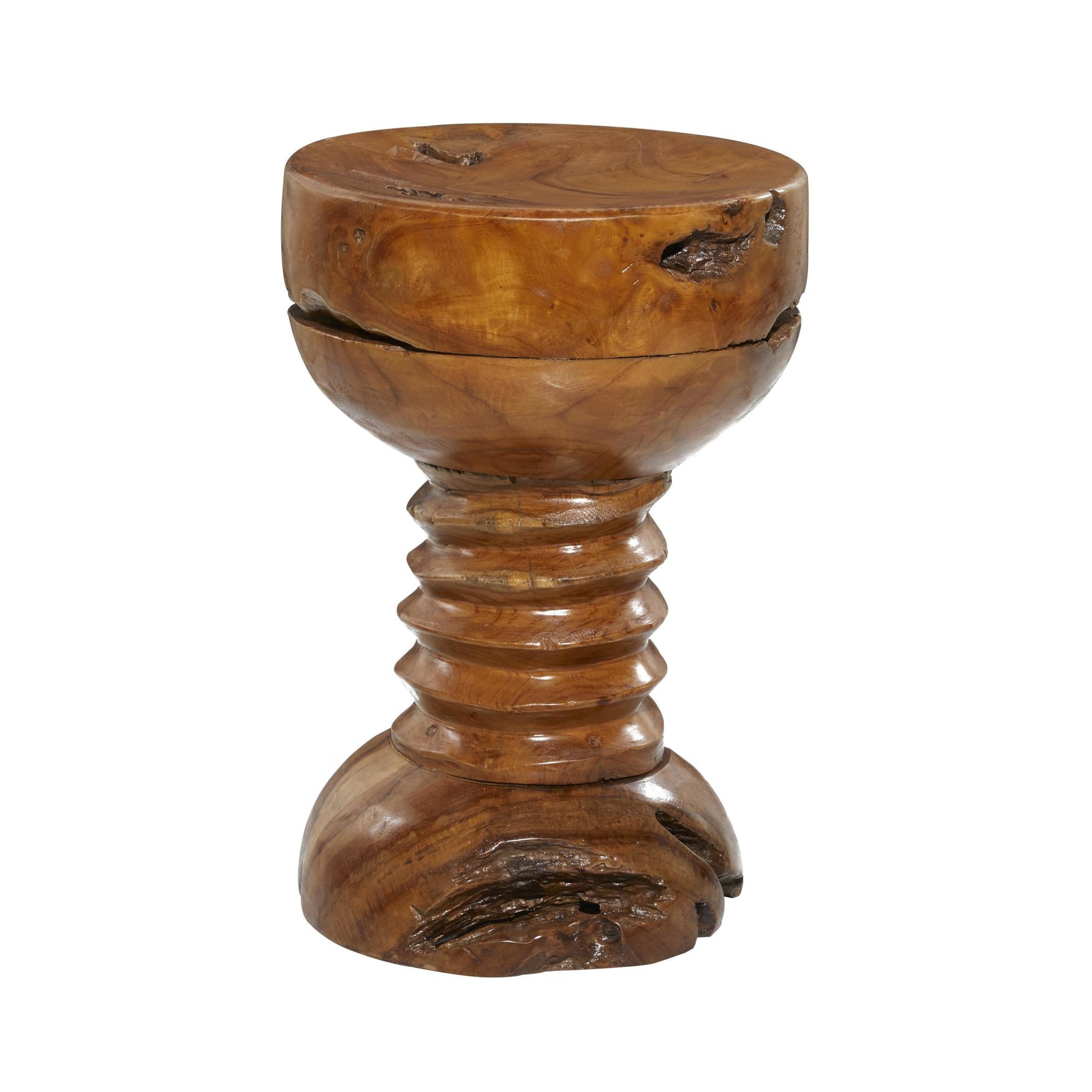 Brown Teak Wood Handmade Live Edge Side End Accent Table with Coiled Base