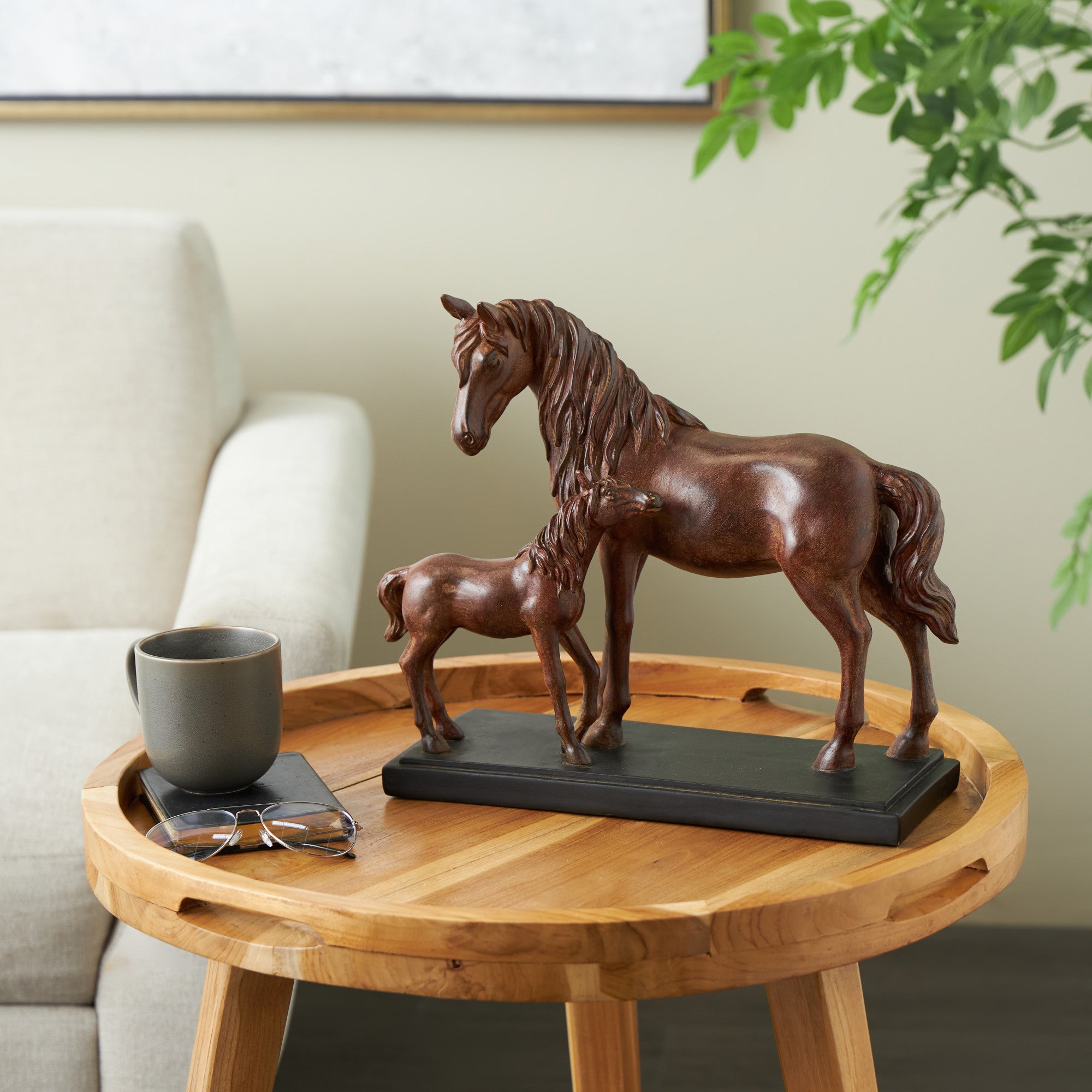 Horse Dark Brown Ceramic Mom and Baby Decorative Sculpture with Black Rectangle Base