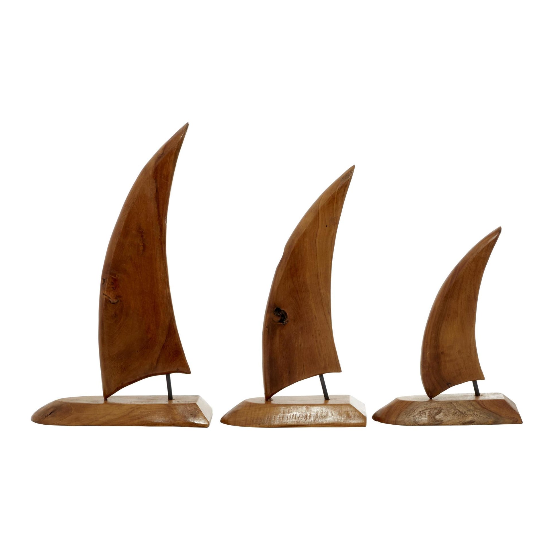 Set of 3 Sail Boat Brown Teak Wood Handmade Decorative Sculpture