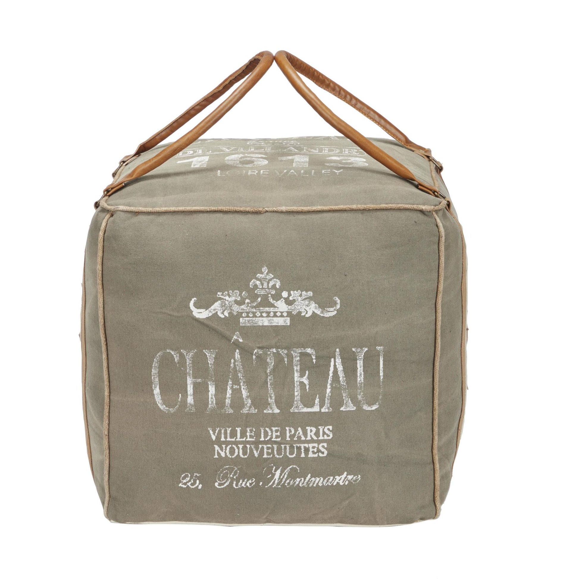 Scroll Canvas France Inspired Stuffed Pouf with Leather Star Pocket and Handles