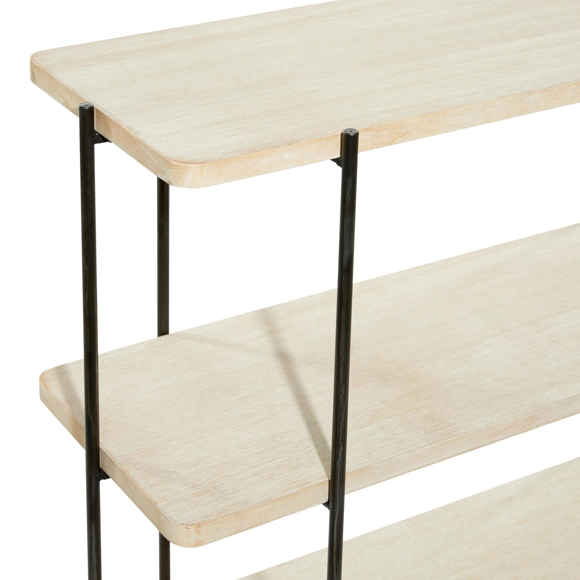 Beige Wood Rounded Rectangular 2 Shelf Living Room Console Table with Slim Black Metal Legs