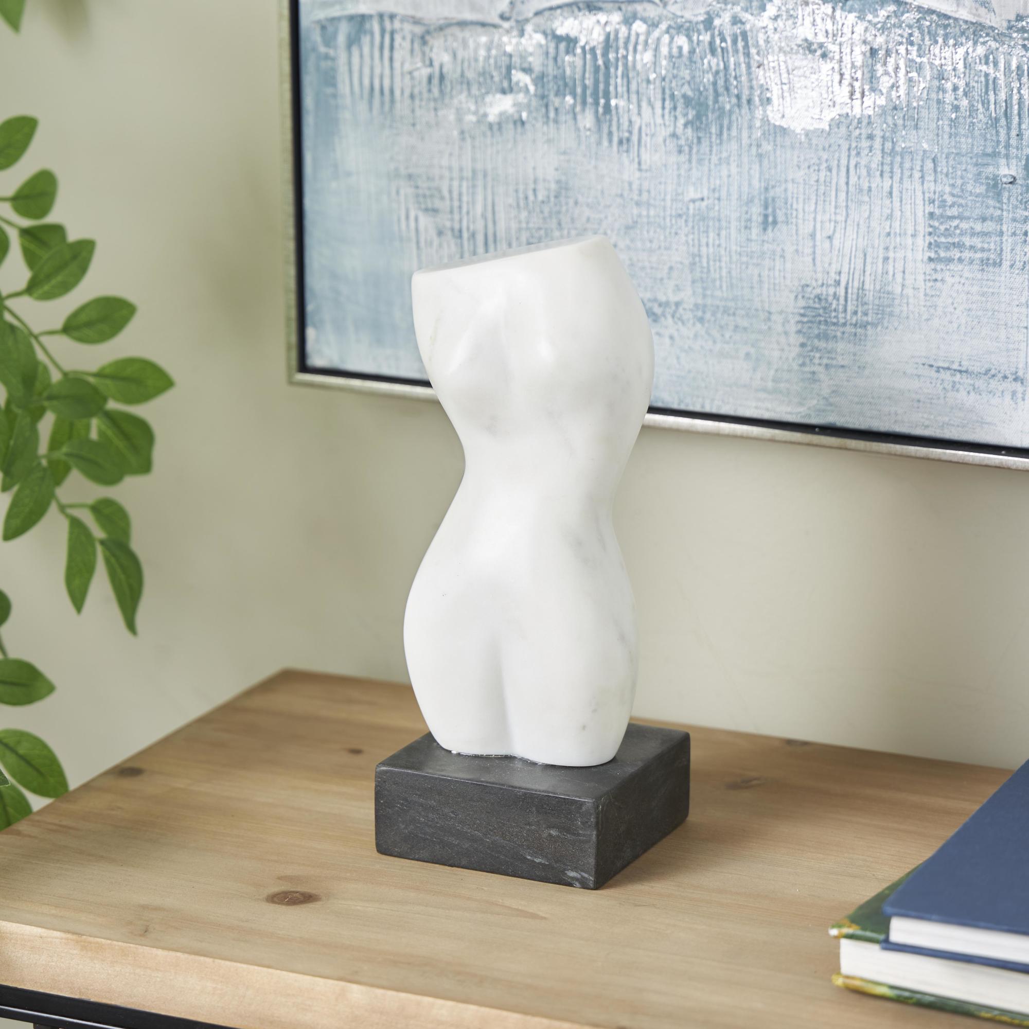 Woman White Marble Abstract Female Form Decorative Sculpture with Black Block Base