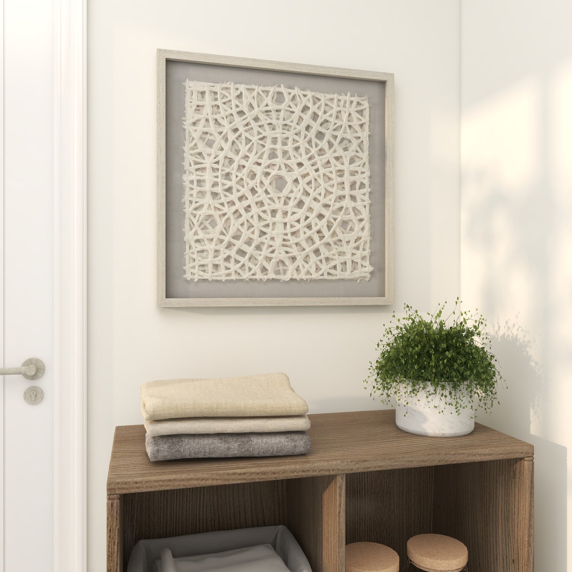 Abstract White Paper Handmade Layered 3D Lace Home Shadow Box with Gray Canvas Backing