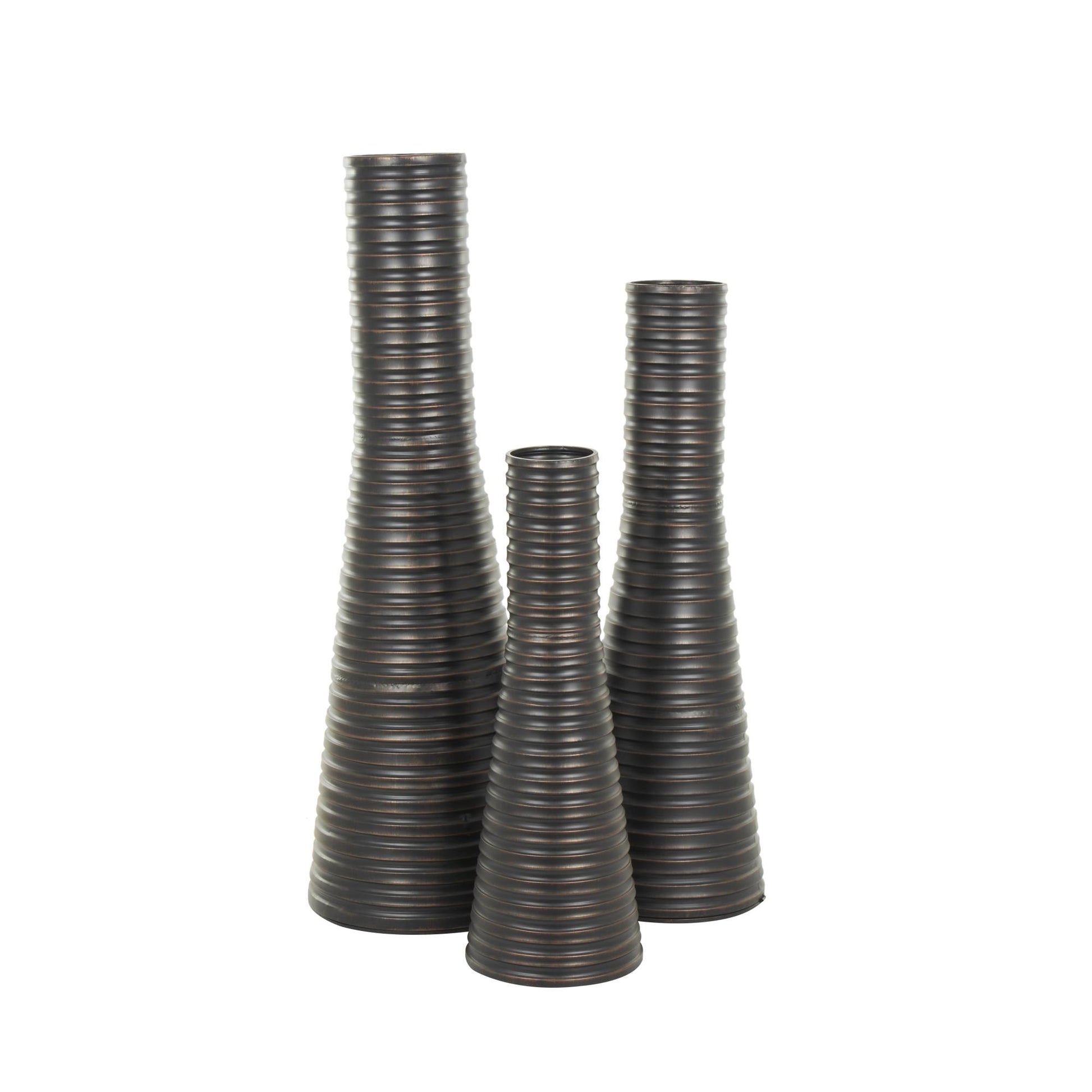 Set of 3 Bronze Metal Ribbed Tall Cone Floor Decorative Vase with Horizontal Grooves