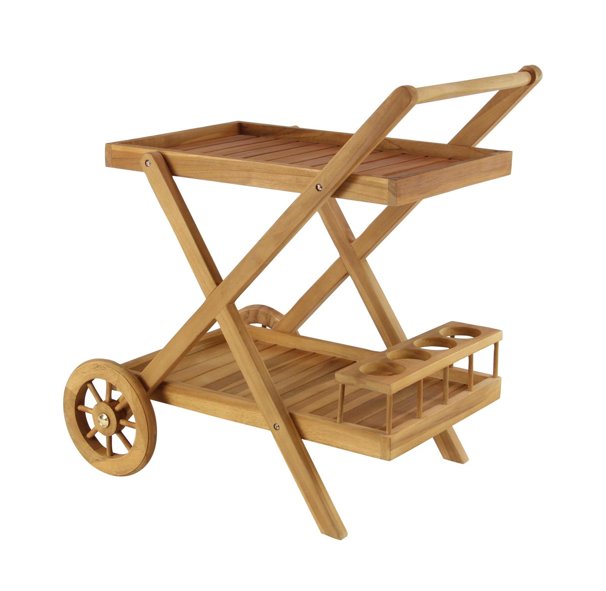 Brown Teak Wood Indoor Outdoor Rolling 2 Shelves Home Bar Cart with Wheels and Handle